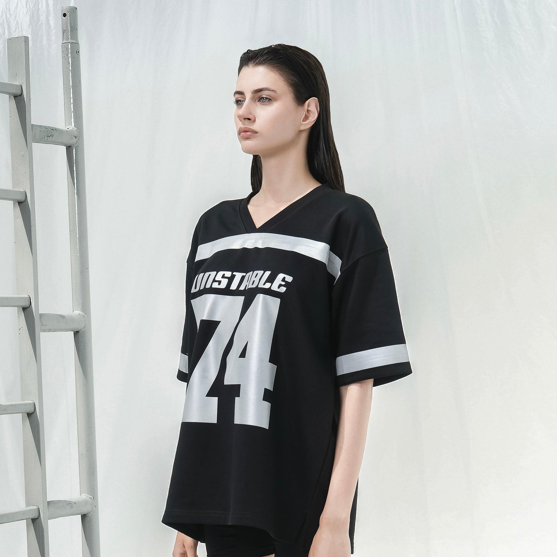 Black Jersey T-shirt With Reflective Metallic Logo and Number From Unstable - WECRE8