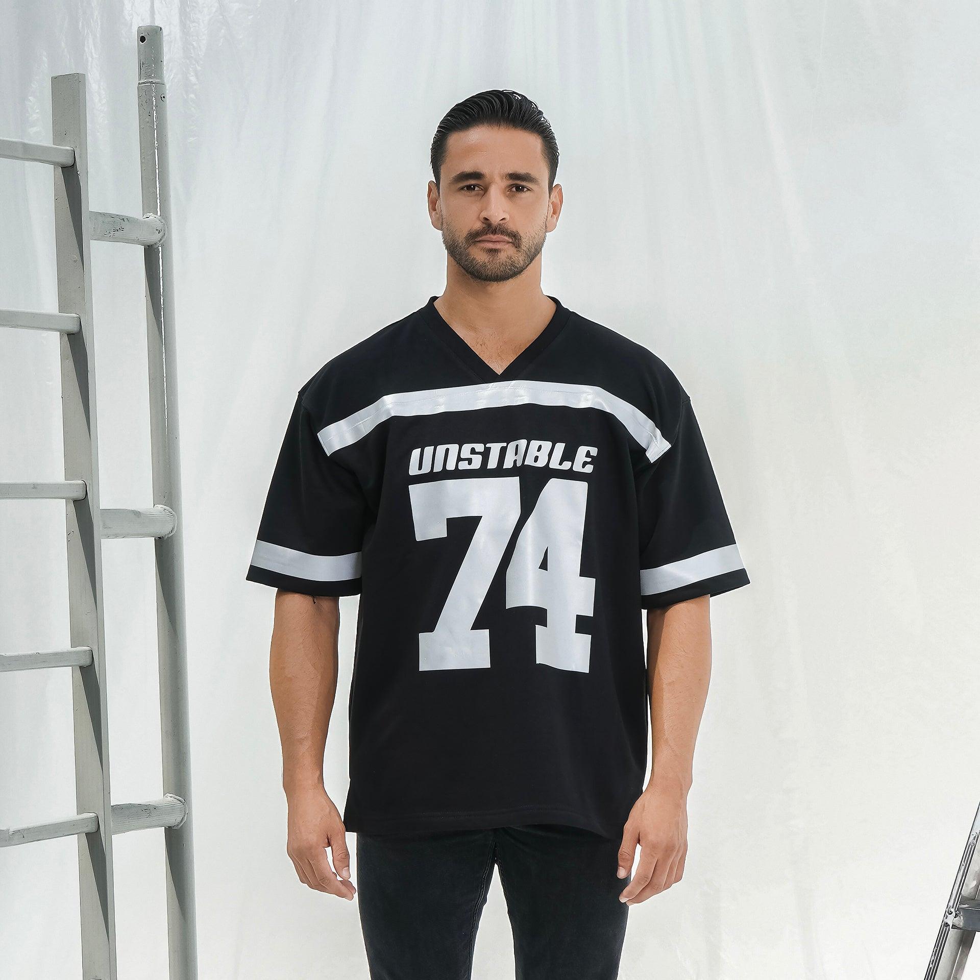 Black Jersey T-shirt With Reflective Metallic Logo and Number From Unstable - WECRE8