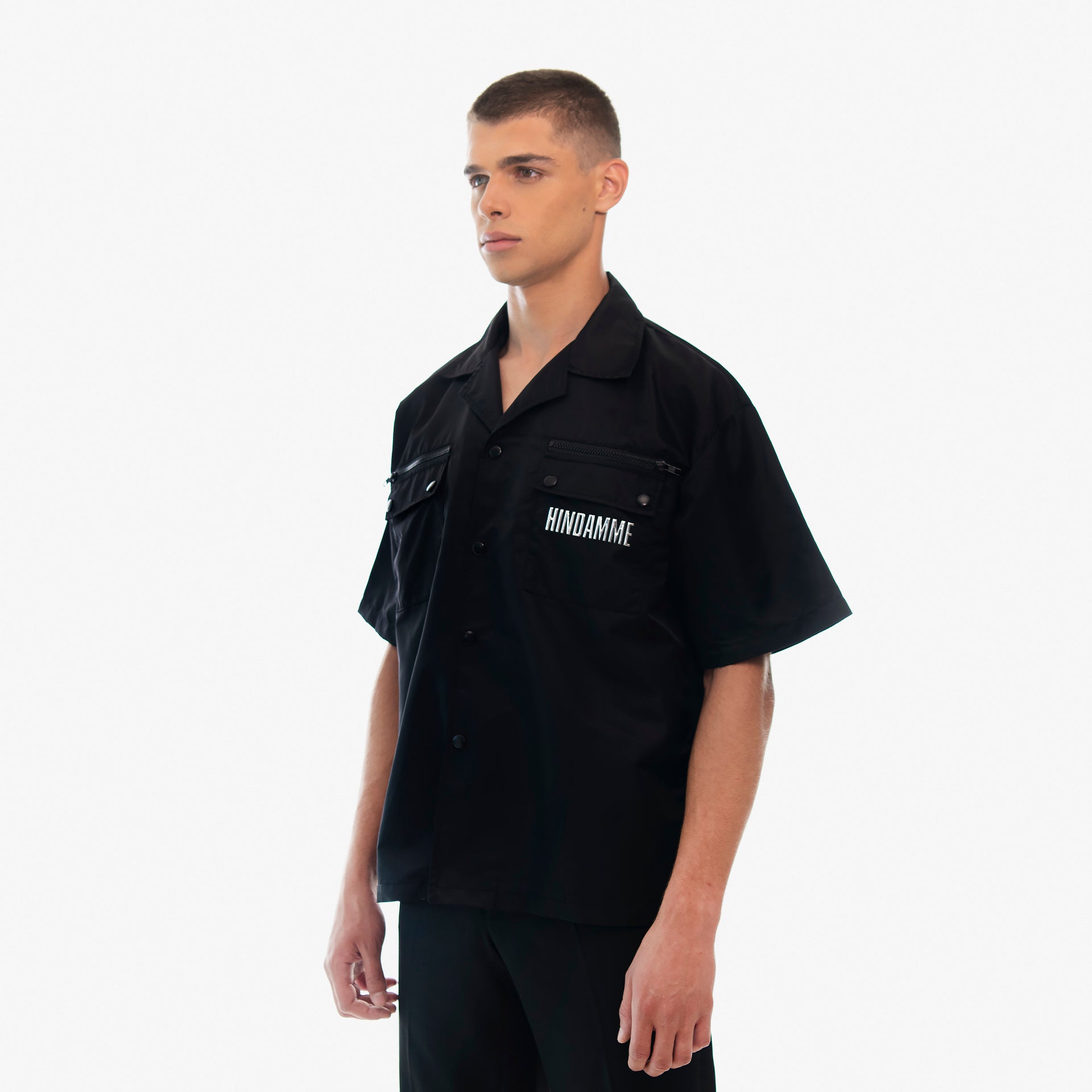 BLACK NYLON LOGO BOWLING SHIRT BY HINDAMME - WECRE8