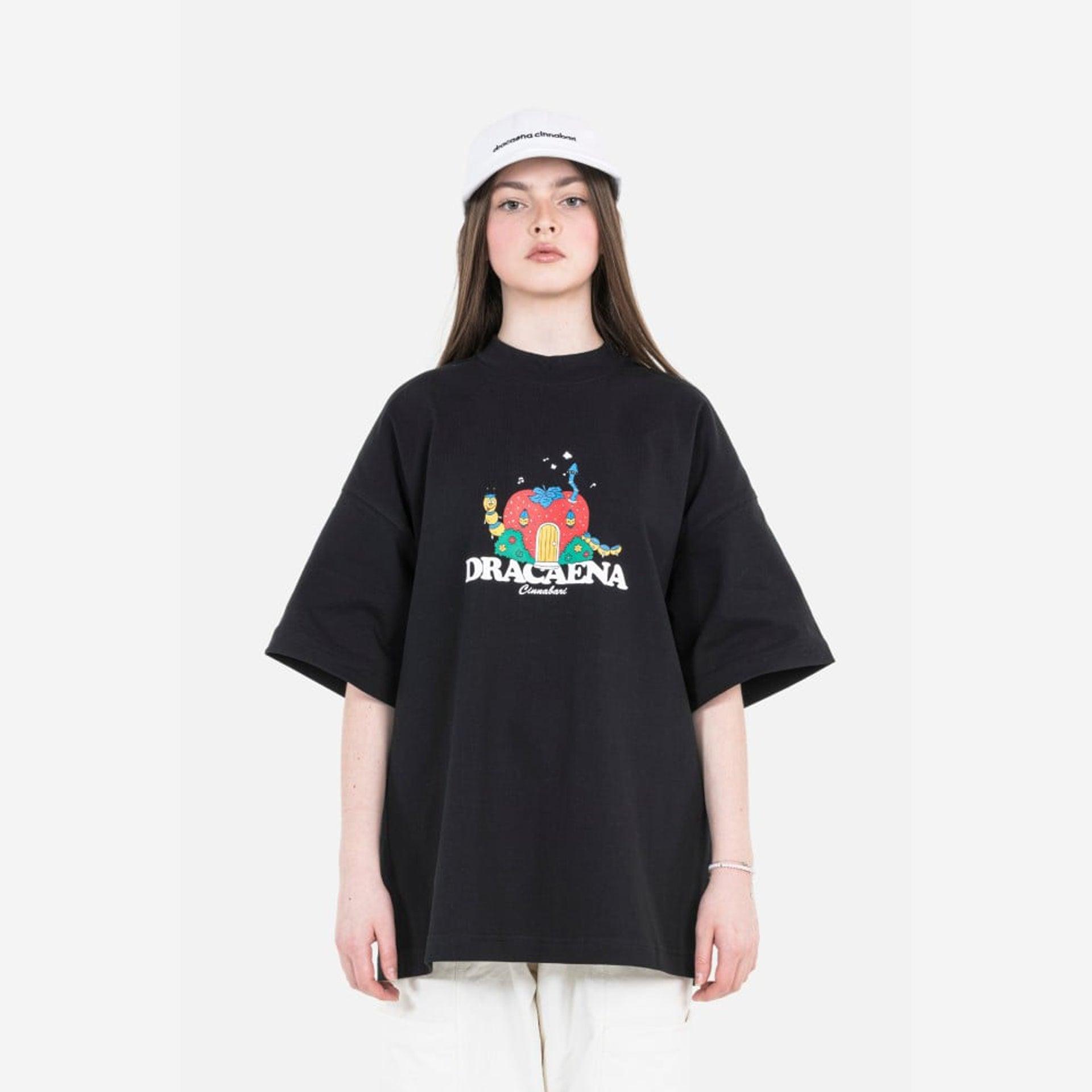 Black Oversized Cotton T-Shirt With "Strawberry" Print By Dracaena Cinnabari - WECRE8