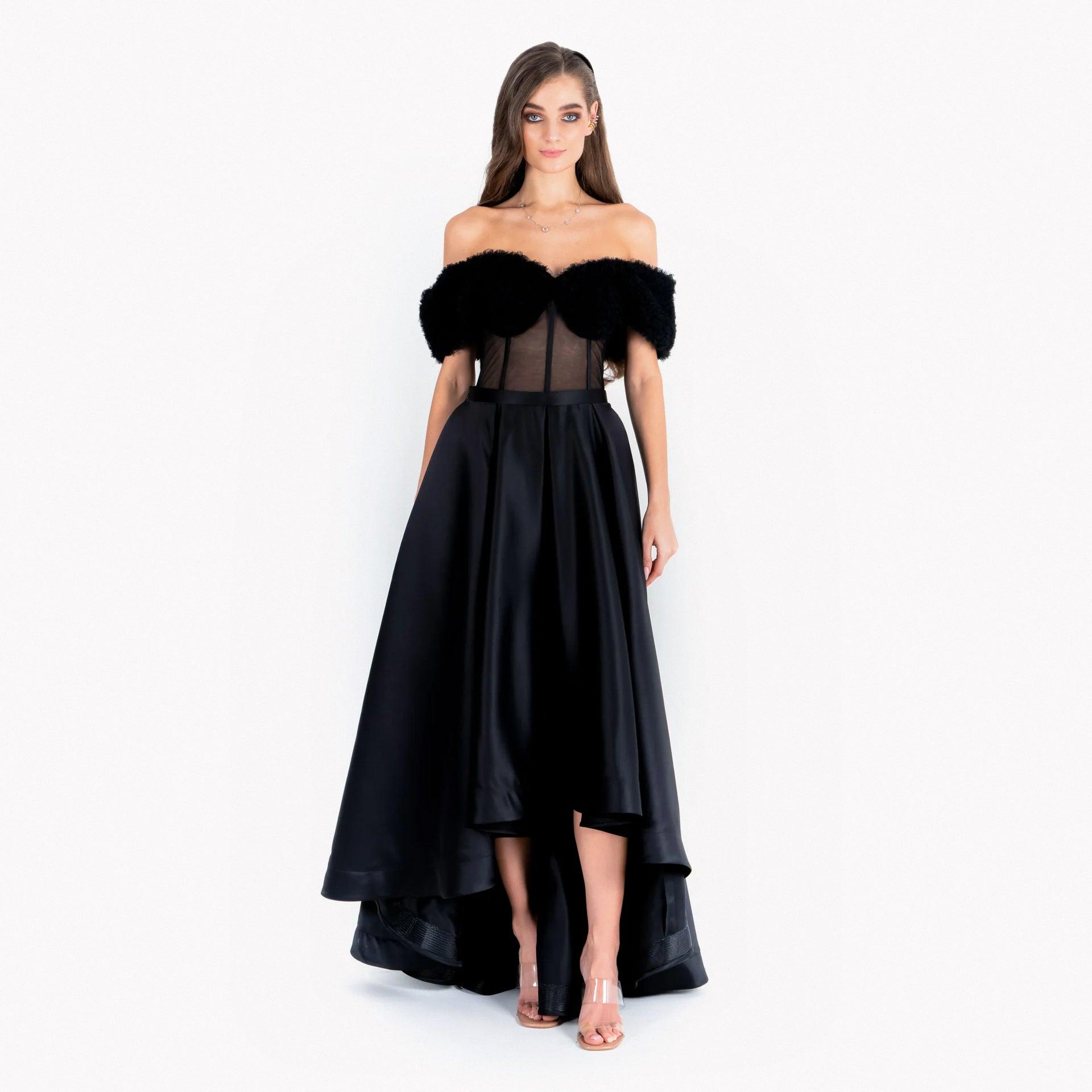 Black Sheering Off Shoulder Gown With Satin Skirt By AAVVA - WECRE8