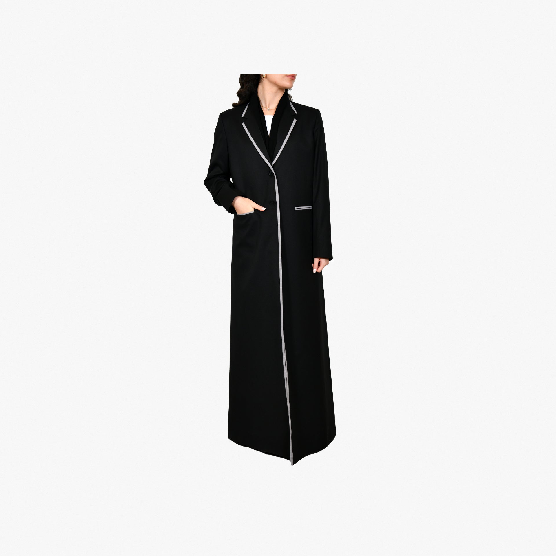 Black Suit Abaya With Gray Strip on The Front From Darzah - WECRE8