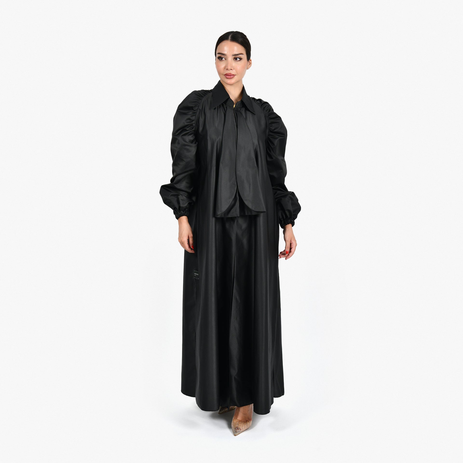 Black Wide Bow Tie Collar Abaya with Black Tarha by Shmokh Abaya - WECRE8