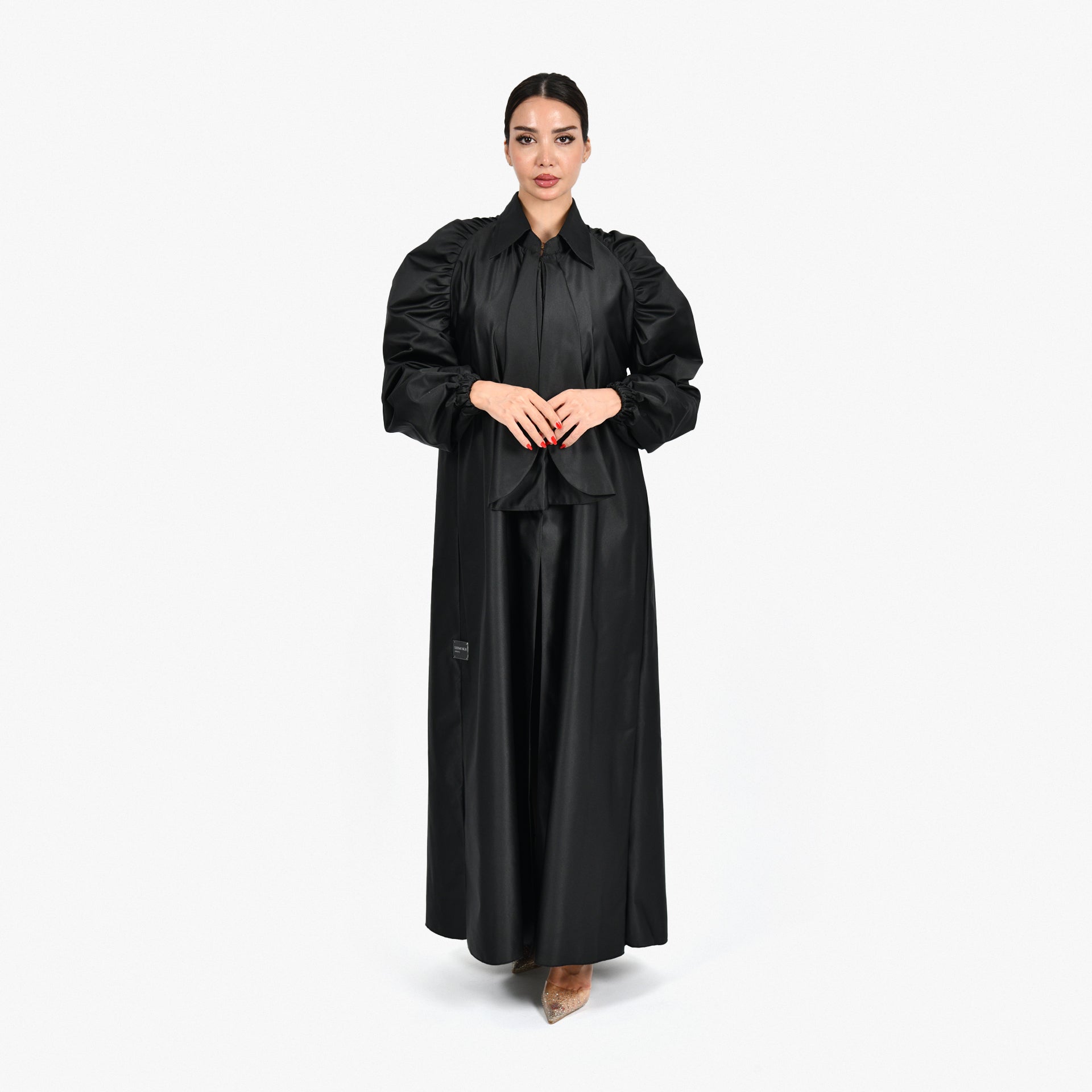 Black Wide Bow Tie Collar Abaya with Black Tarha by Shmokh Abaya - WECRE8