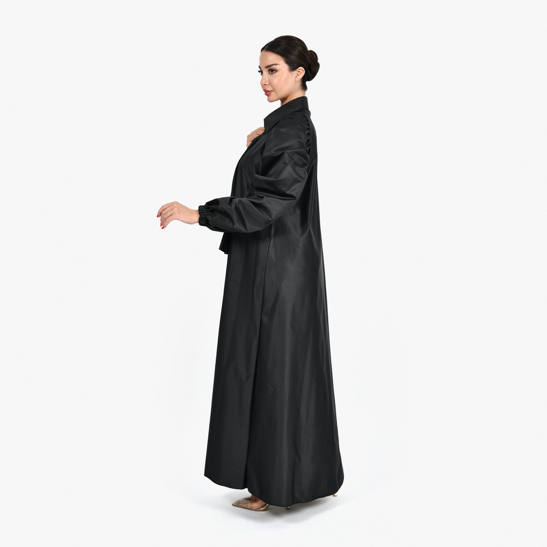 Black Wide Bow Tie Collar Abaya with Black Tarha by Shmokh Abaya - WECRE8