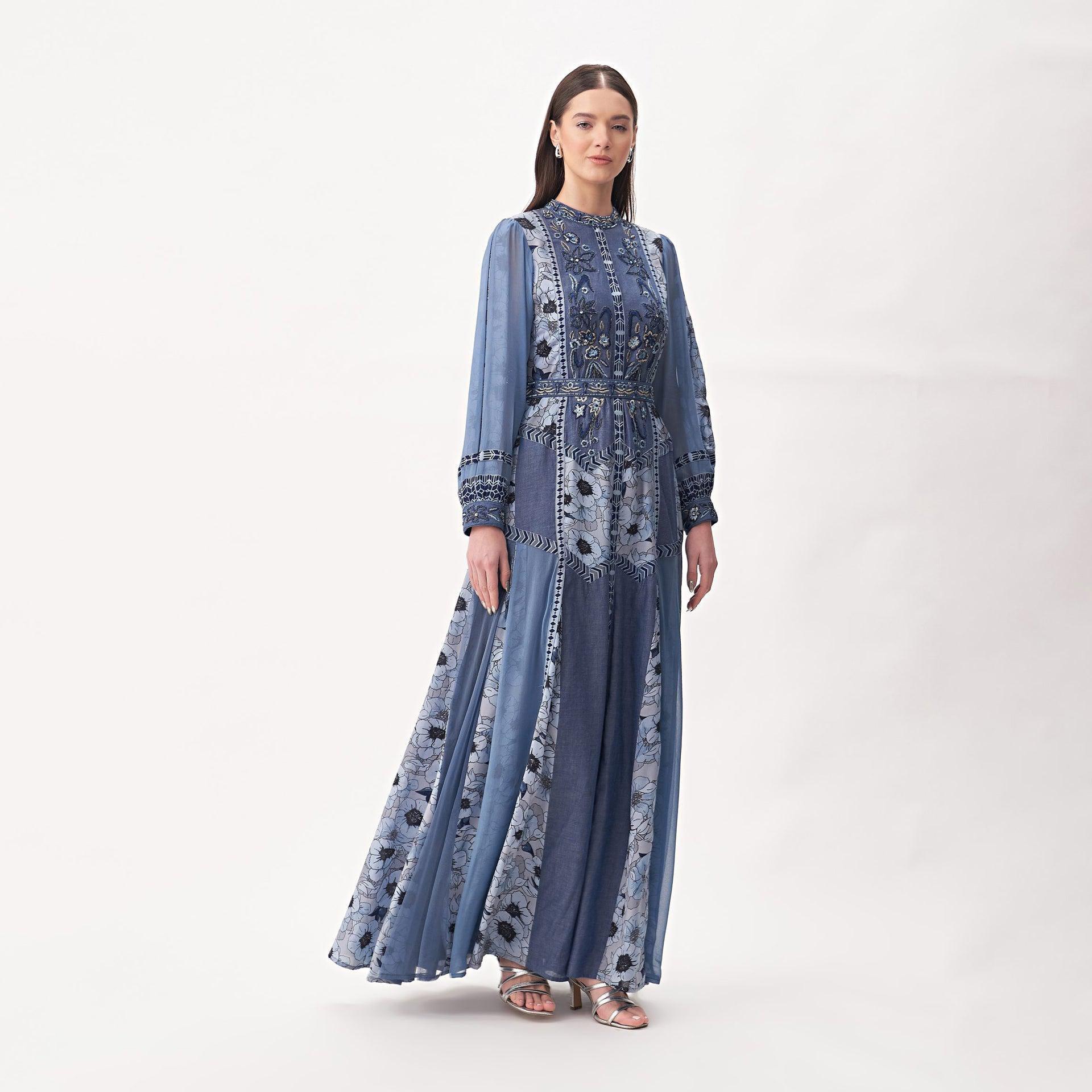 Blue Embroidery Dress with Chiffon Long Sleeves From Shalky - WECRE8