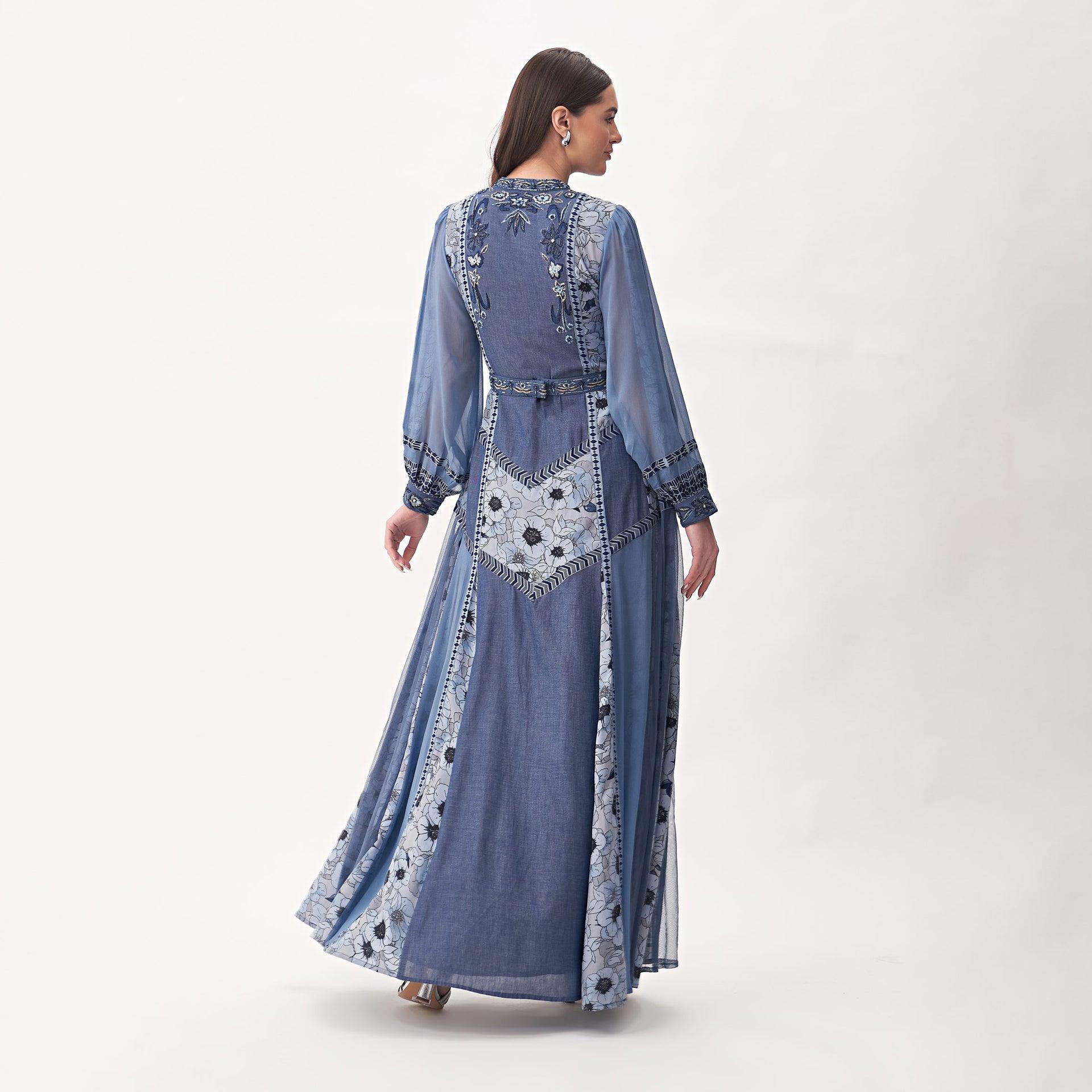 Blue Embroidery Dress with Chiffon Long Sleeves From Shalky - WECRE8