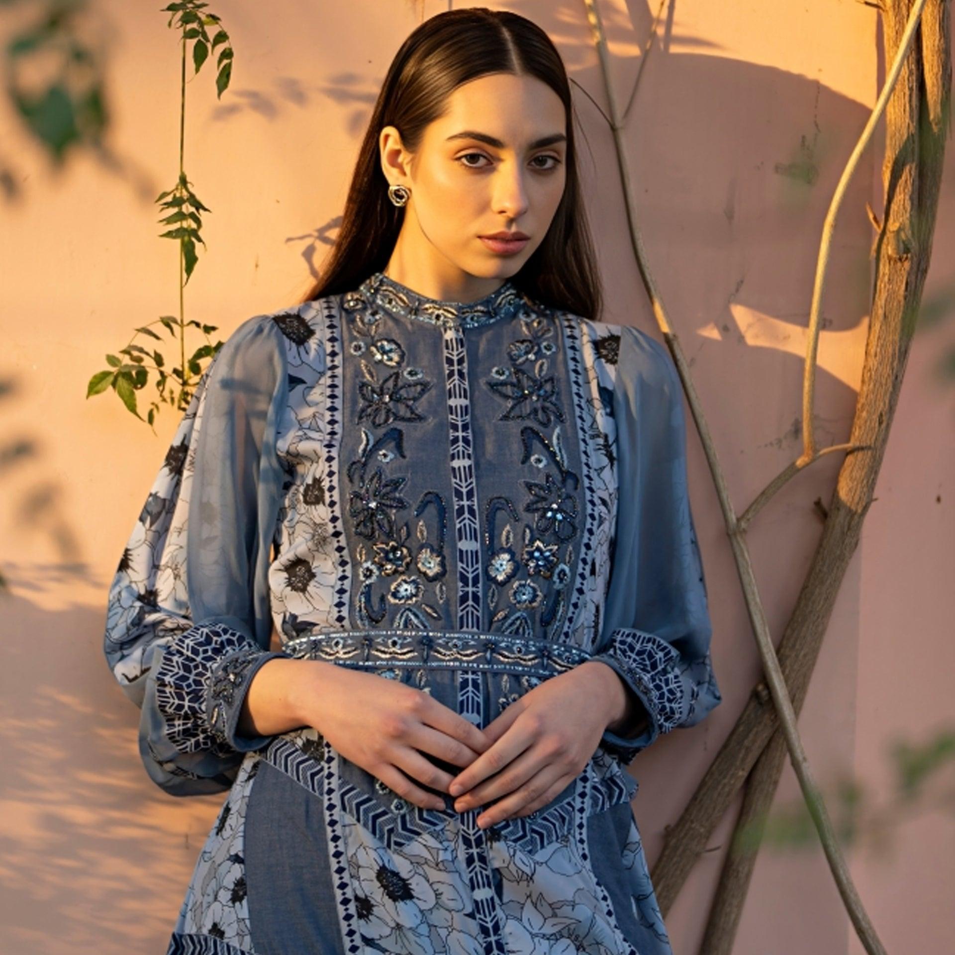 Blue Embroidery Dress with Chiffon Long Sleeves From Shalky - WECRE8