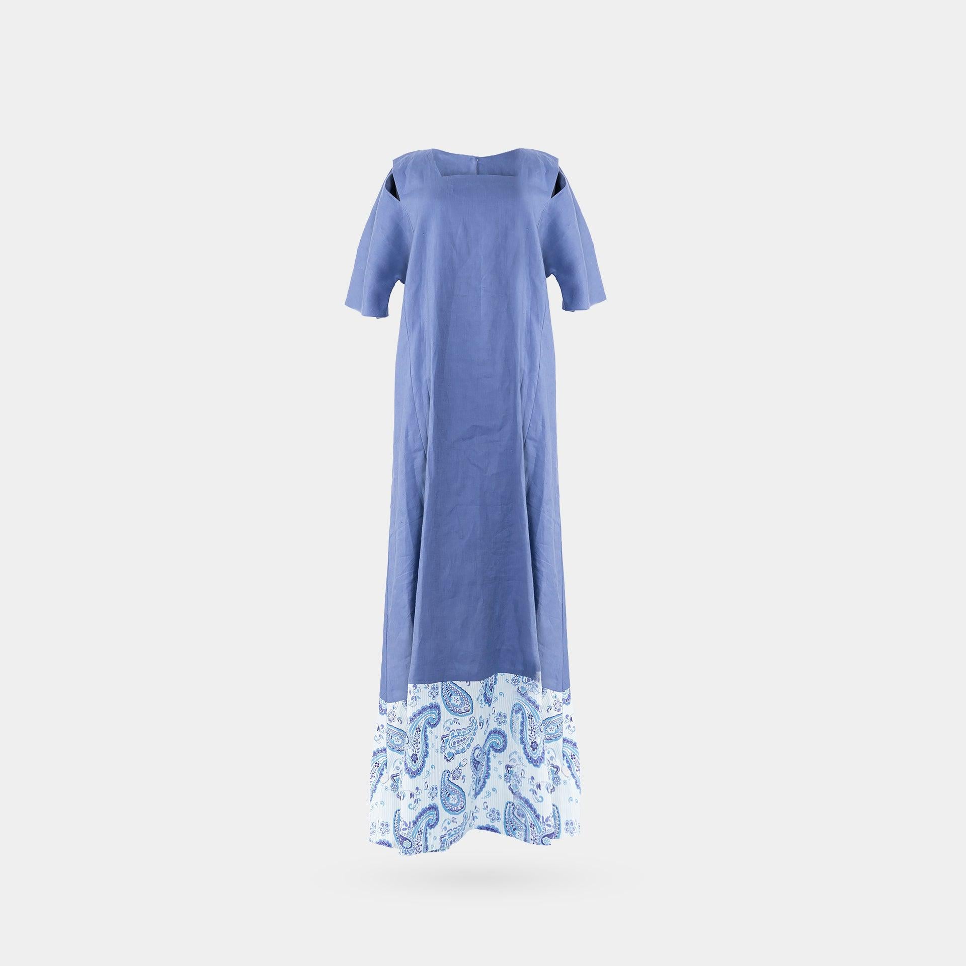 Blue Linen Long Dress with Short Sleeves From Darzah - WECRE8