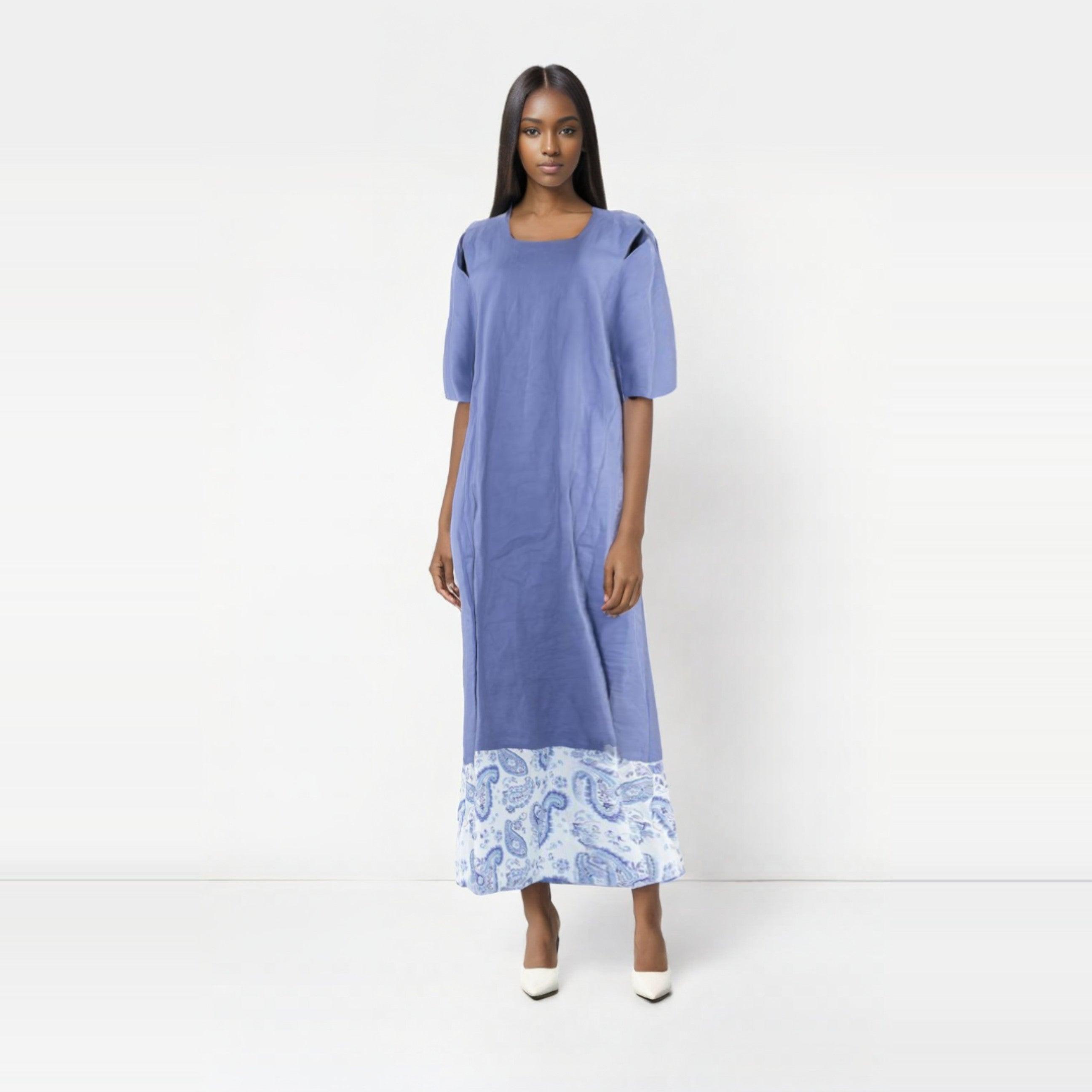 Blue Linen Long Dress with Short Sleeves From Darzah - WECRE8