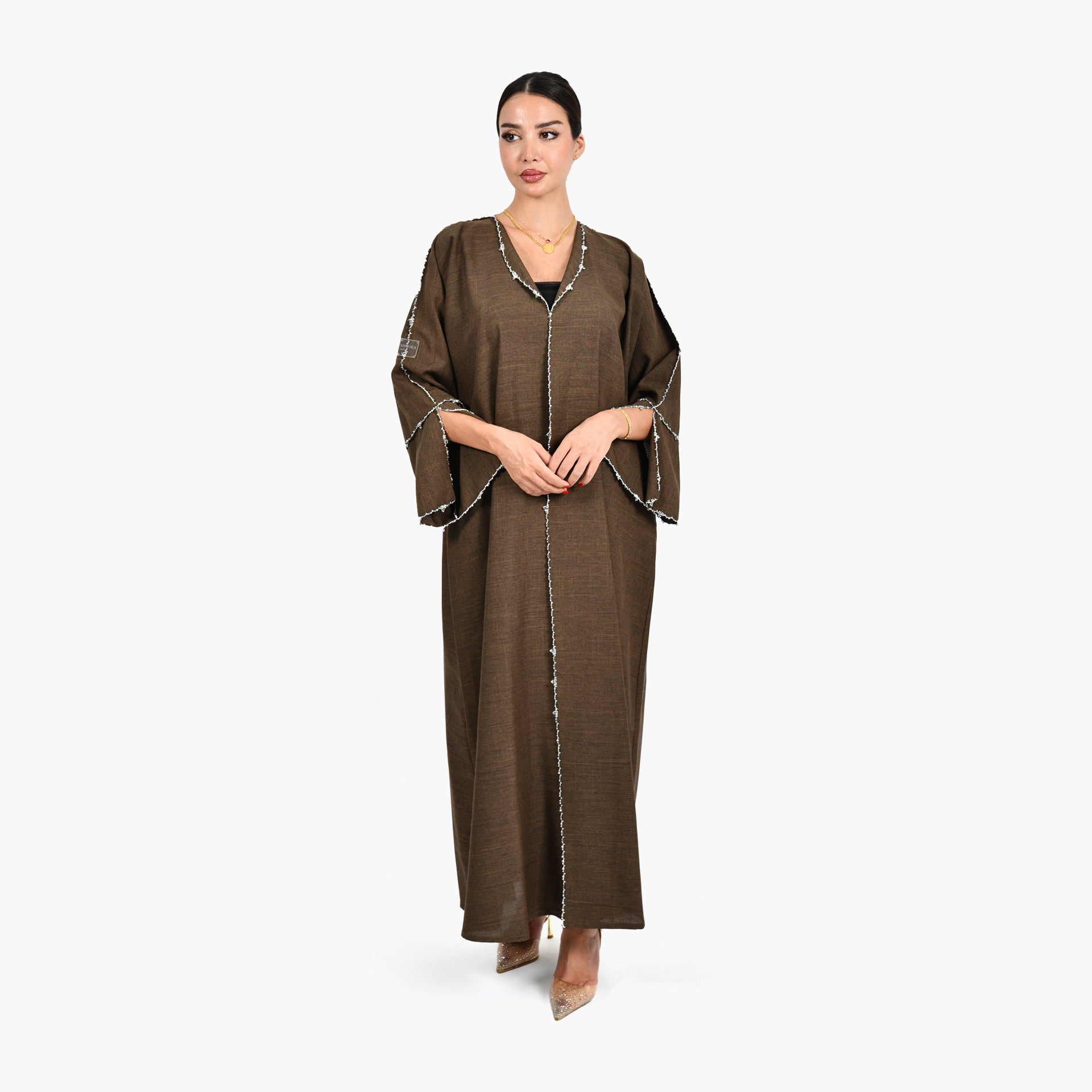 Brown Abaya with Hand Embroidery and Brown Tarha by Shmokh Abaya - WECRE8