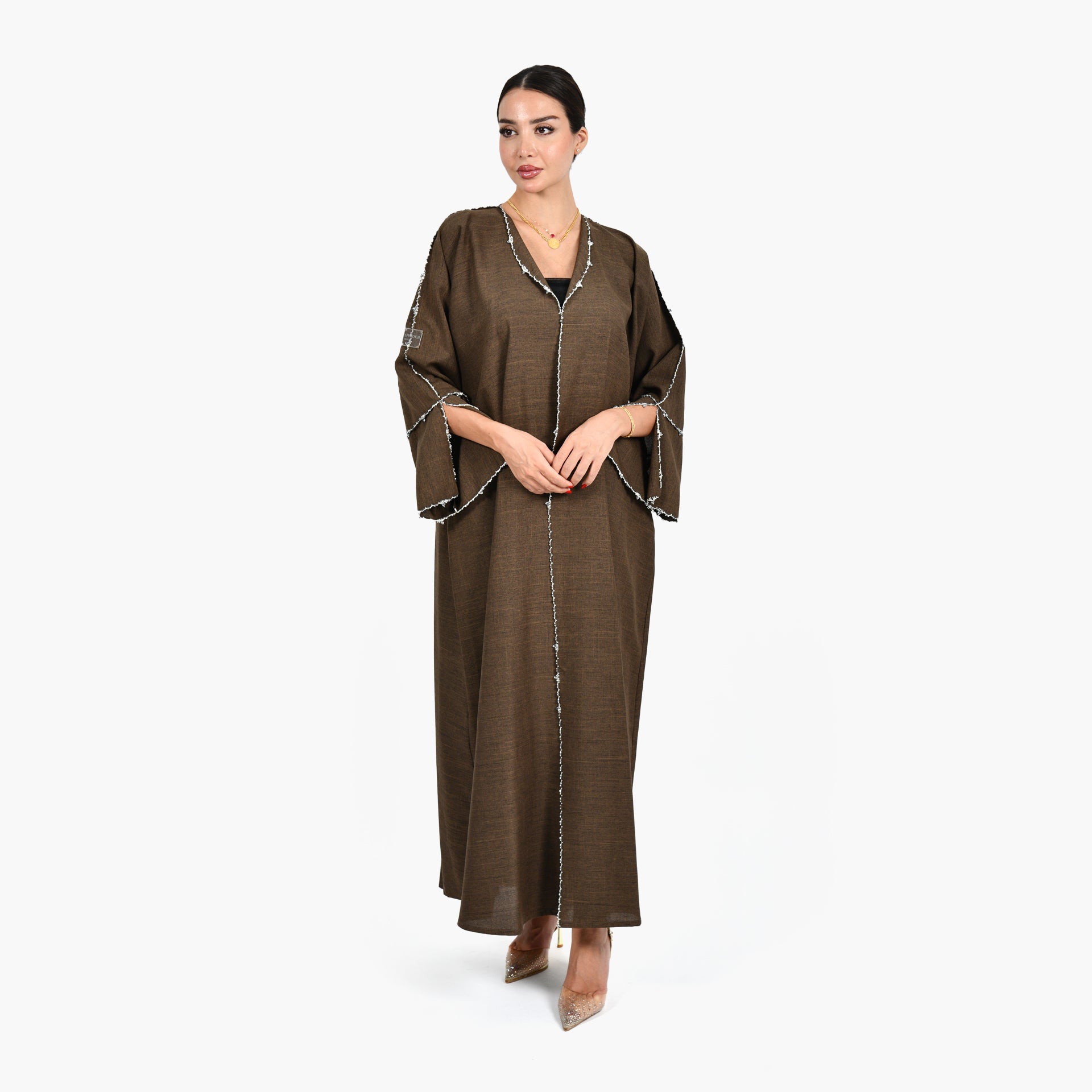 Brown Abaya with Hand Embroidery and Brown Tarha by Shmokh Abaya - WECRE8