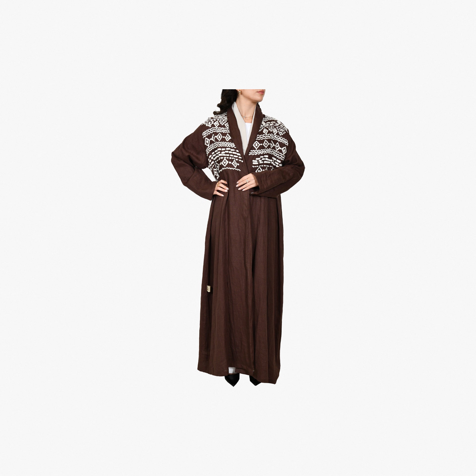 Brown Abaya With White Embroidery From Darzah - WECRE8