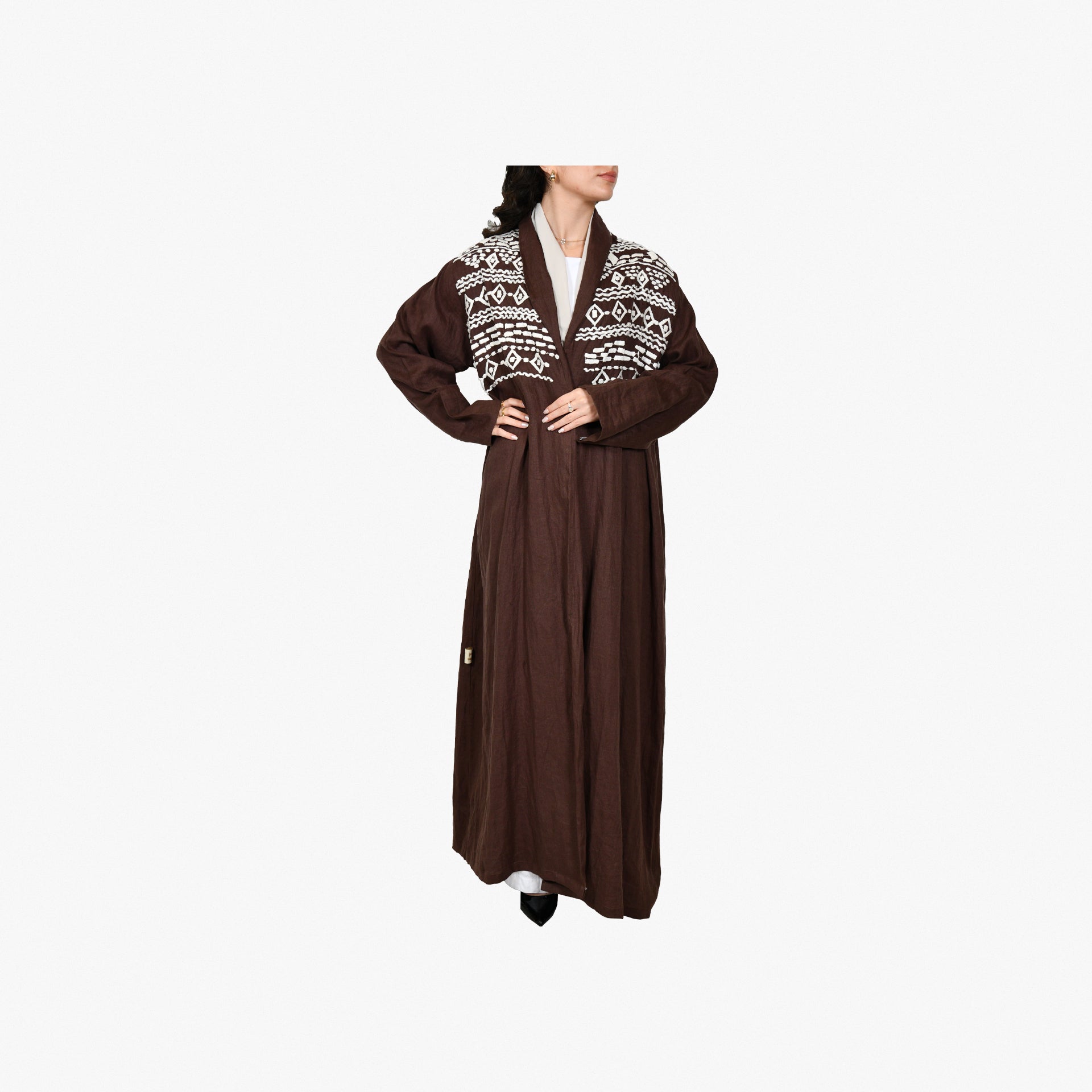 Brown Abaya With White Embroidery From Darzah - WECRE8