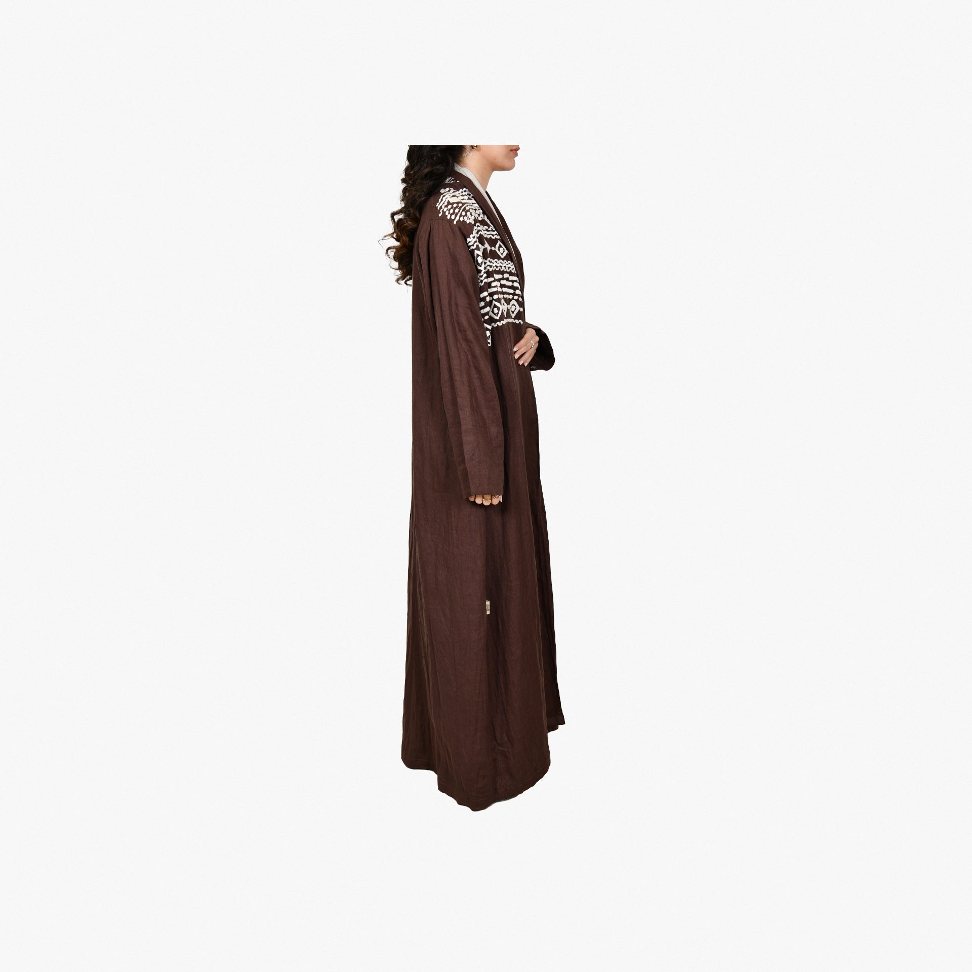 Brown Abaya With White Embroidery From Darzah - WECRE8