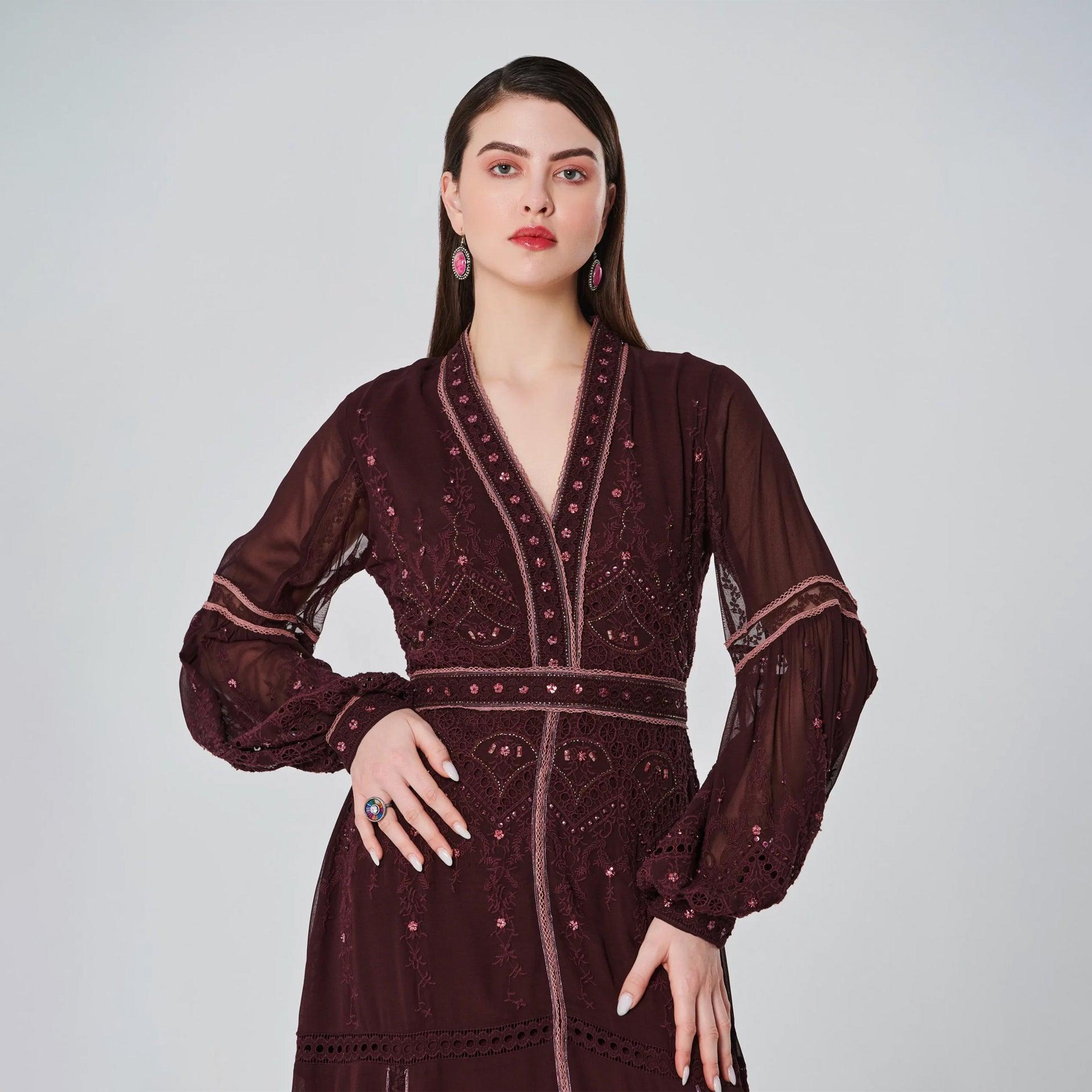 Brown Embroidery Dress with Long Sleeves From Shalky - WECRE8