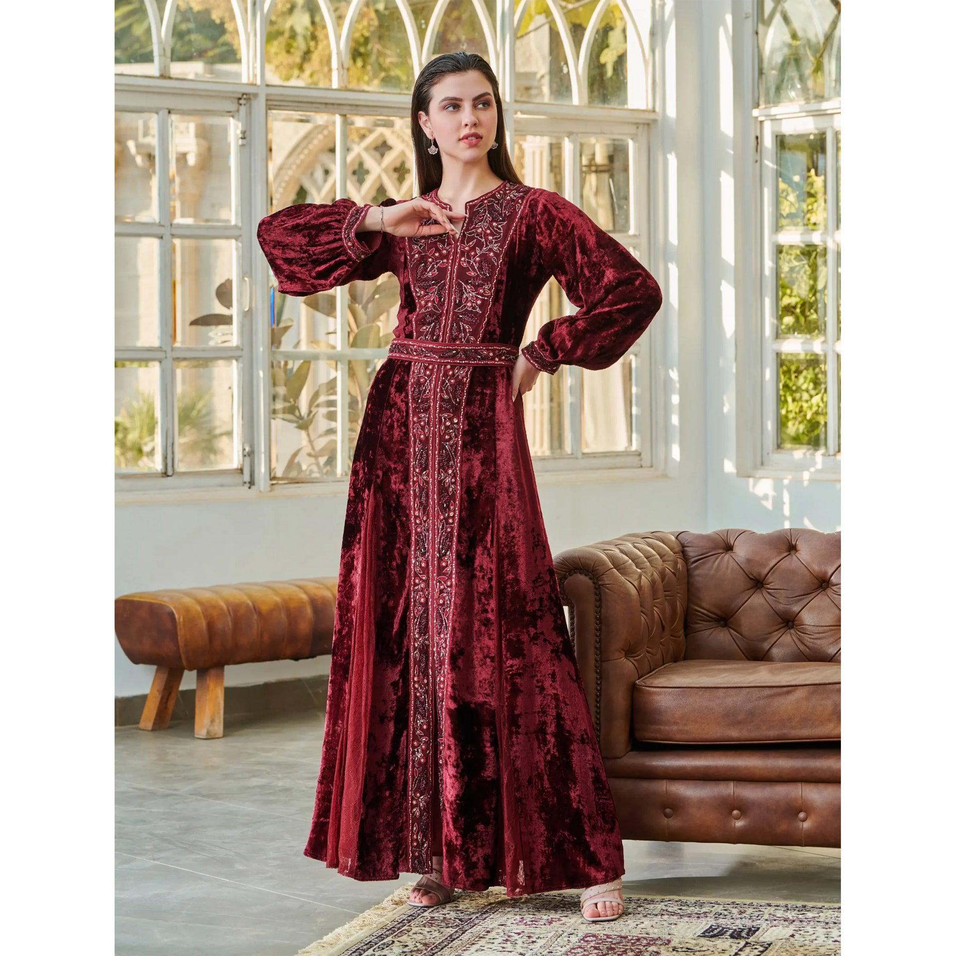 Brown Velvet Nolaya Dress With Long Sleeves And Gold Embroidery From Shalky - WECRE8