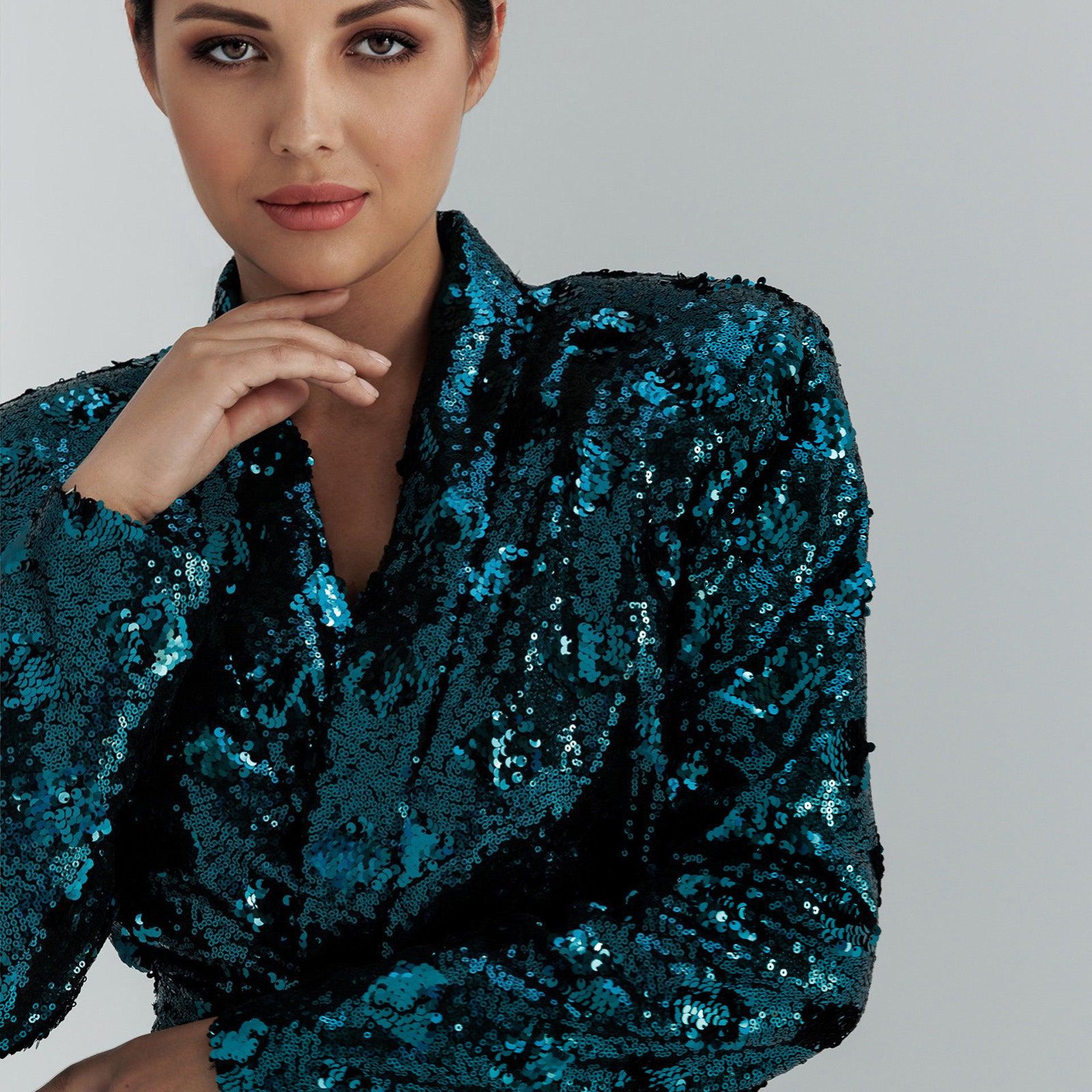 Cologne Blue Green Sequin Sharped Shoulder Wrapped Jacket with Belt & Wide Leg Trouser By Lara Ali - WECRE8