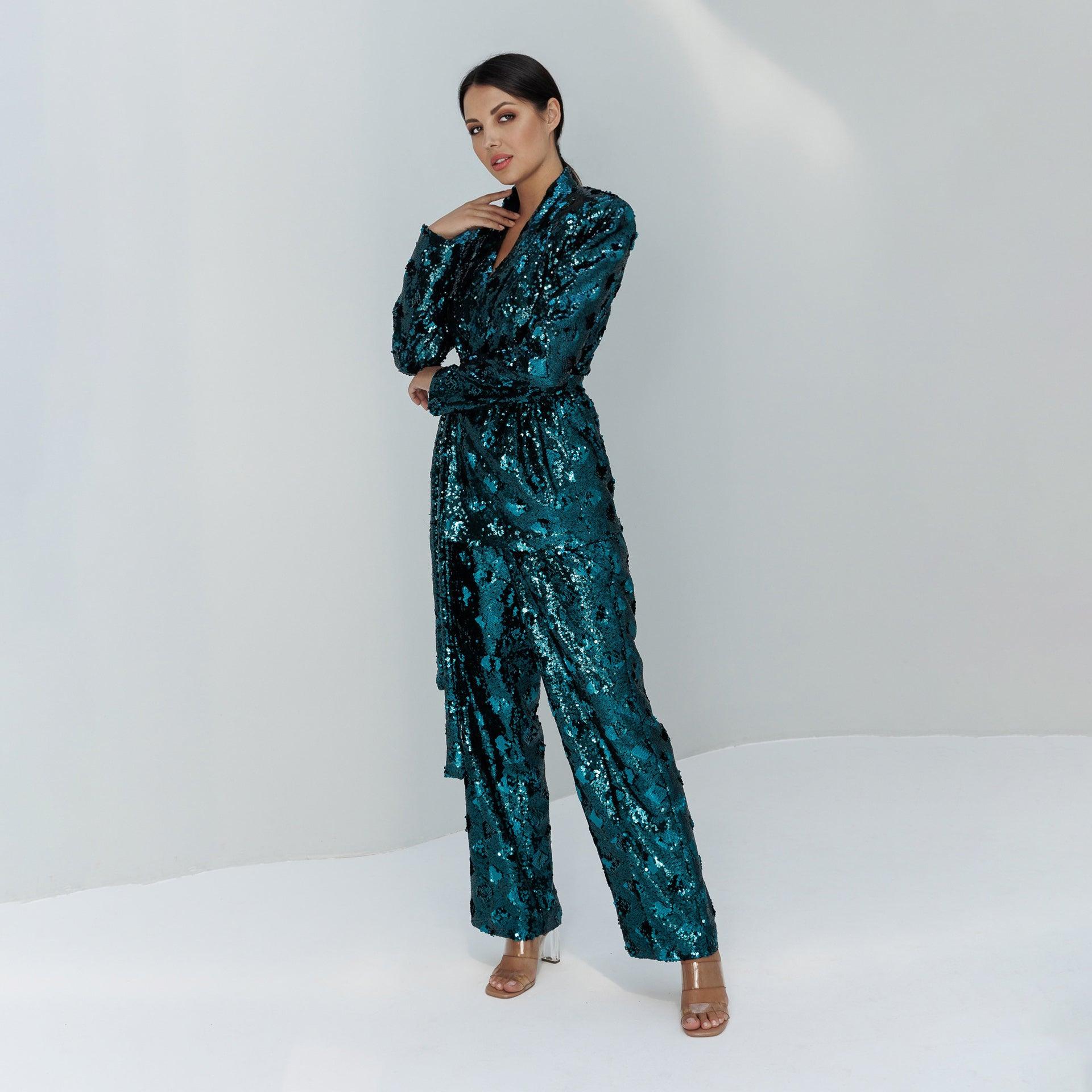 Cologne Blue Green Sequin Sharped Shoulder Wrapped Jacket with Belt & Wide Leg Trouser By Lara Ali - WECRE8