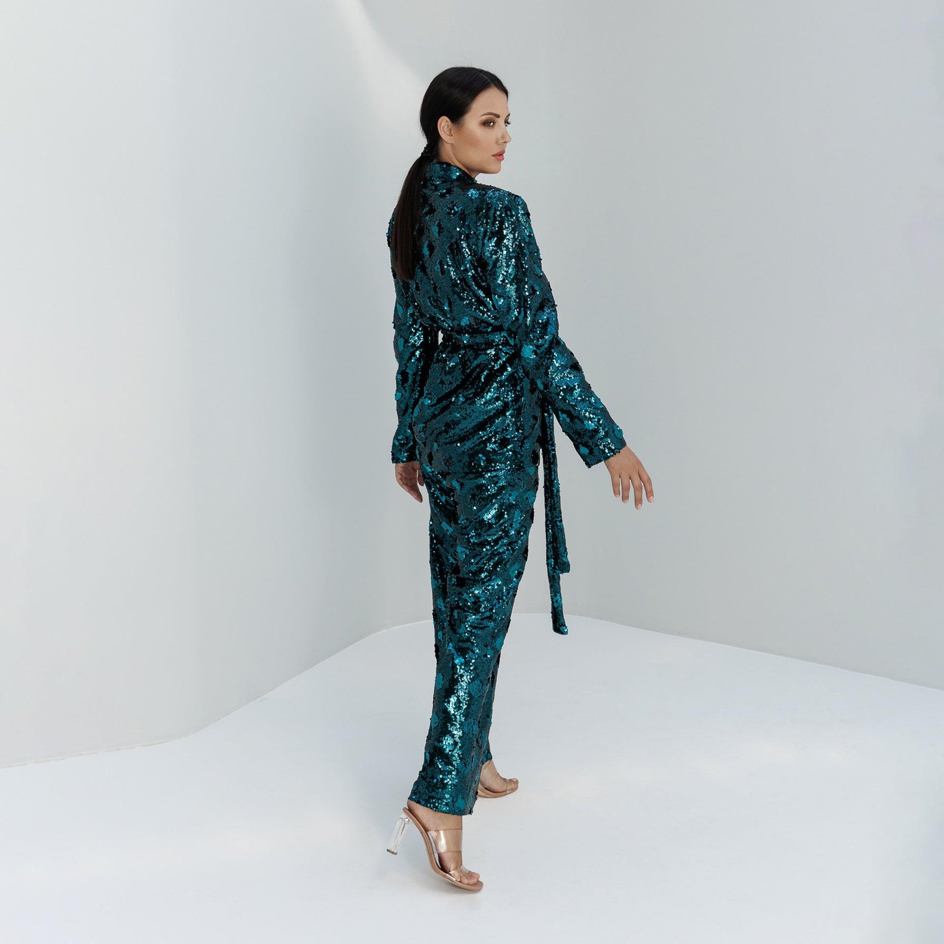 Cologne Blue Green Sequin Sharped Shoulder Wrapped Jacket with Belt & Wide Leg Trouser By Lara Ali - WECRE8