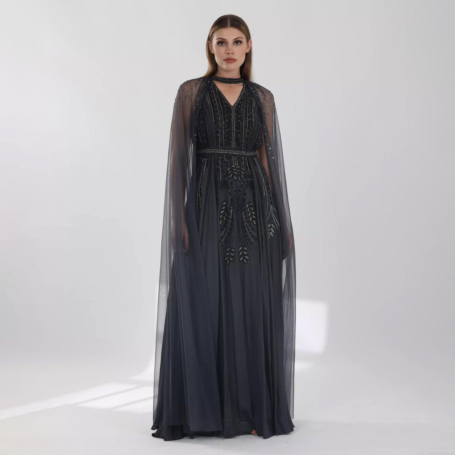 Dark Gray Sleeveless Dress with Silver Embroidery and Cape From Shalky - WECRE8