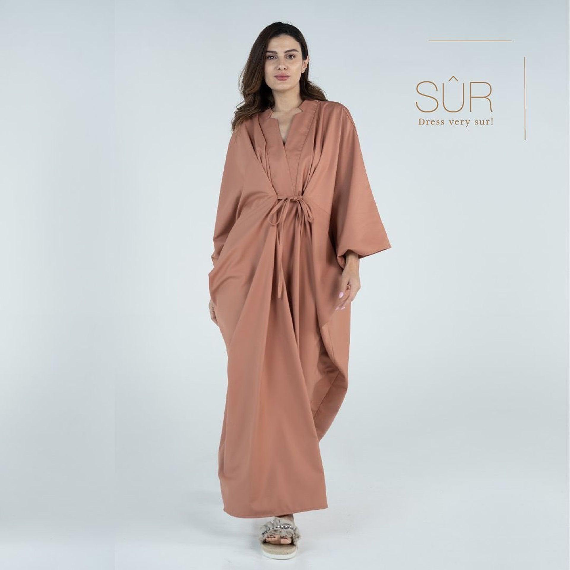 Dark Salmon Cotton Jalabiya With Batwing Sleeve & Drawstring Waist by Sur - WECRE8