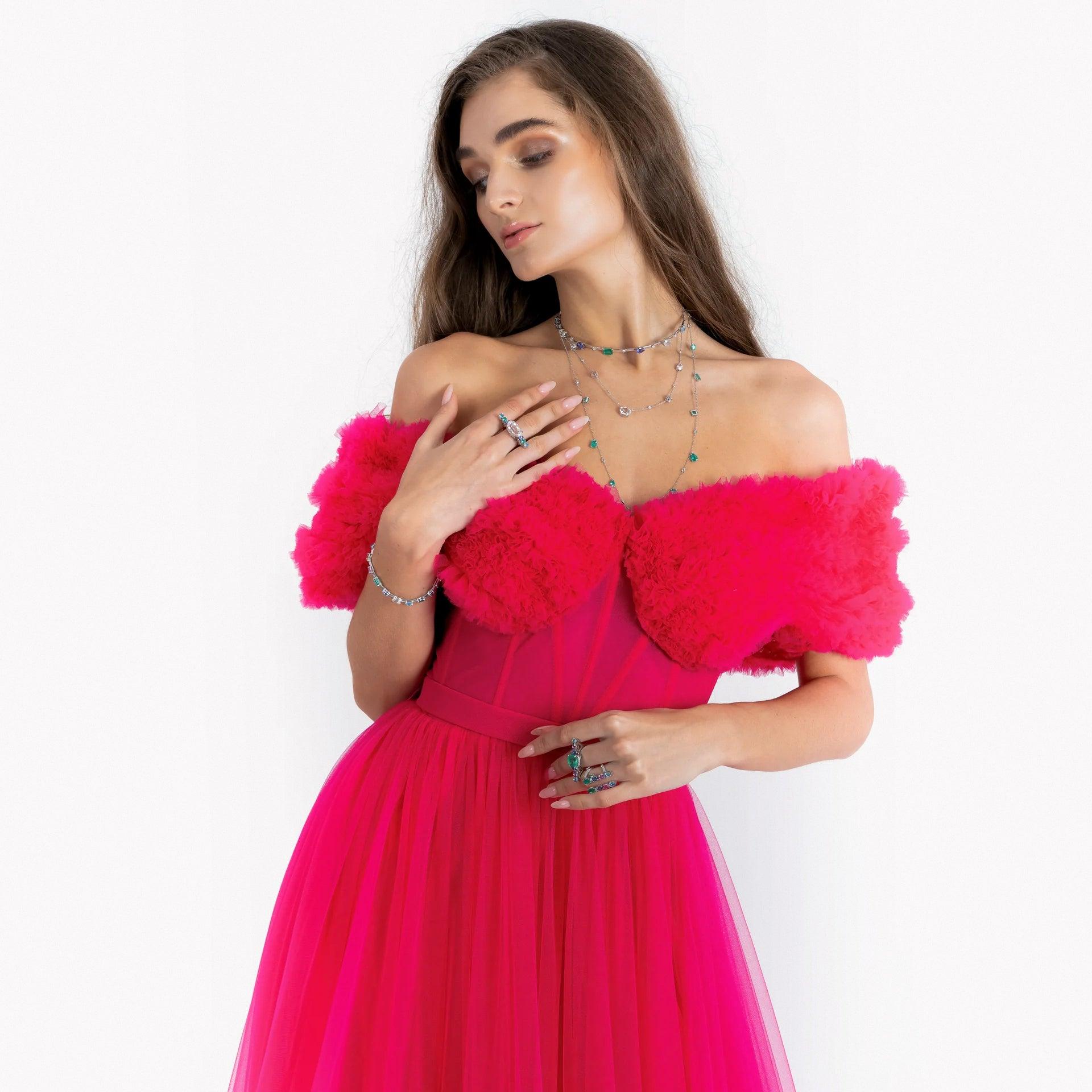 Fuchsia Sheering Off Shoulder Tulle Gown By AAVVA - WECRE8