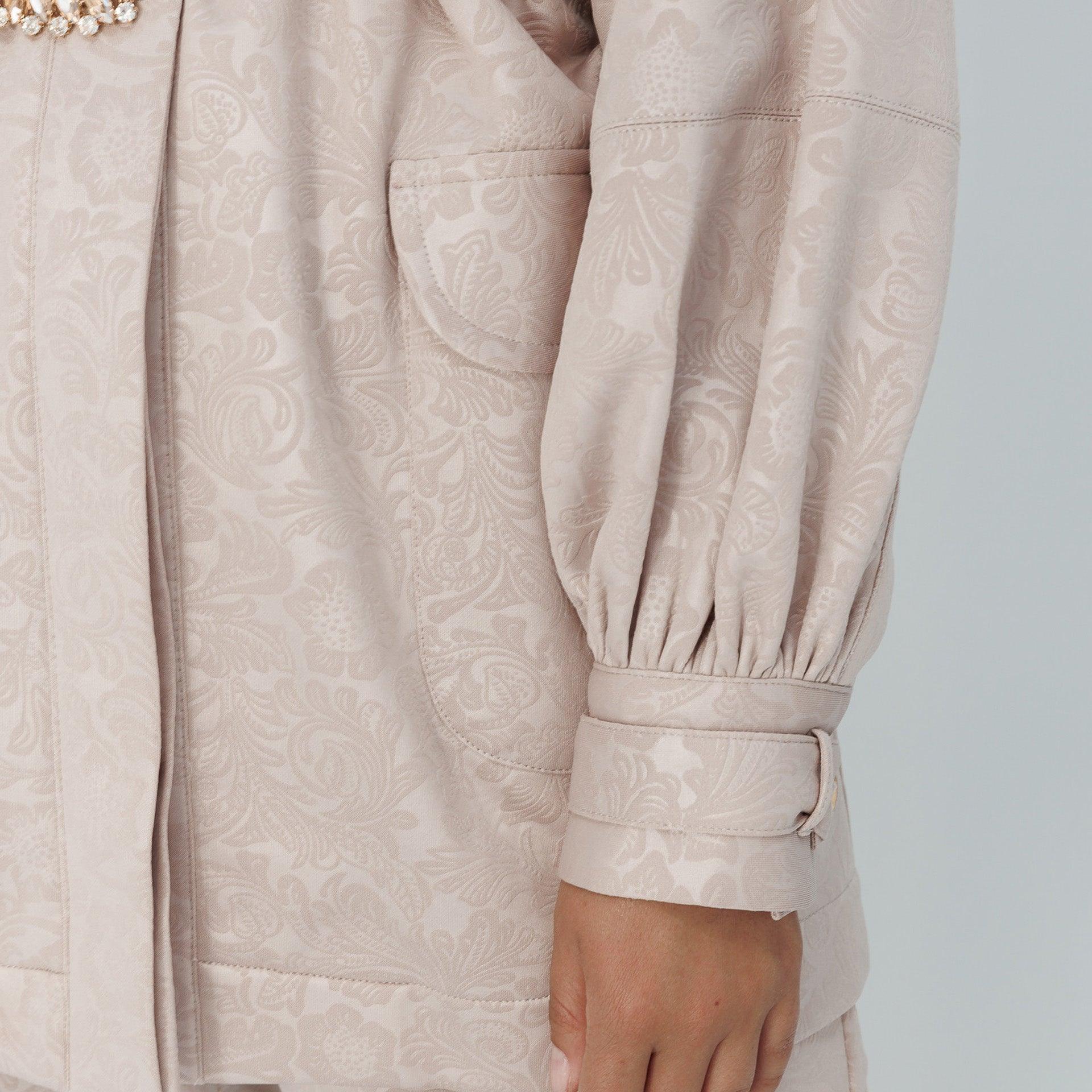 GARDENIA Beige Oversized Puffy Sleeves Printed Cotton Jacket With Trouser & Belt by Lara Ali - WECRE8