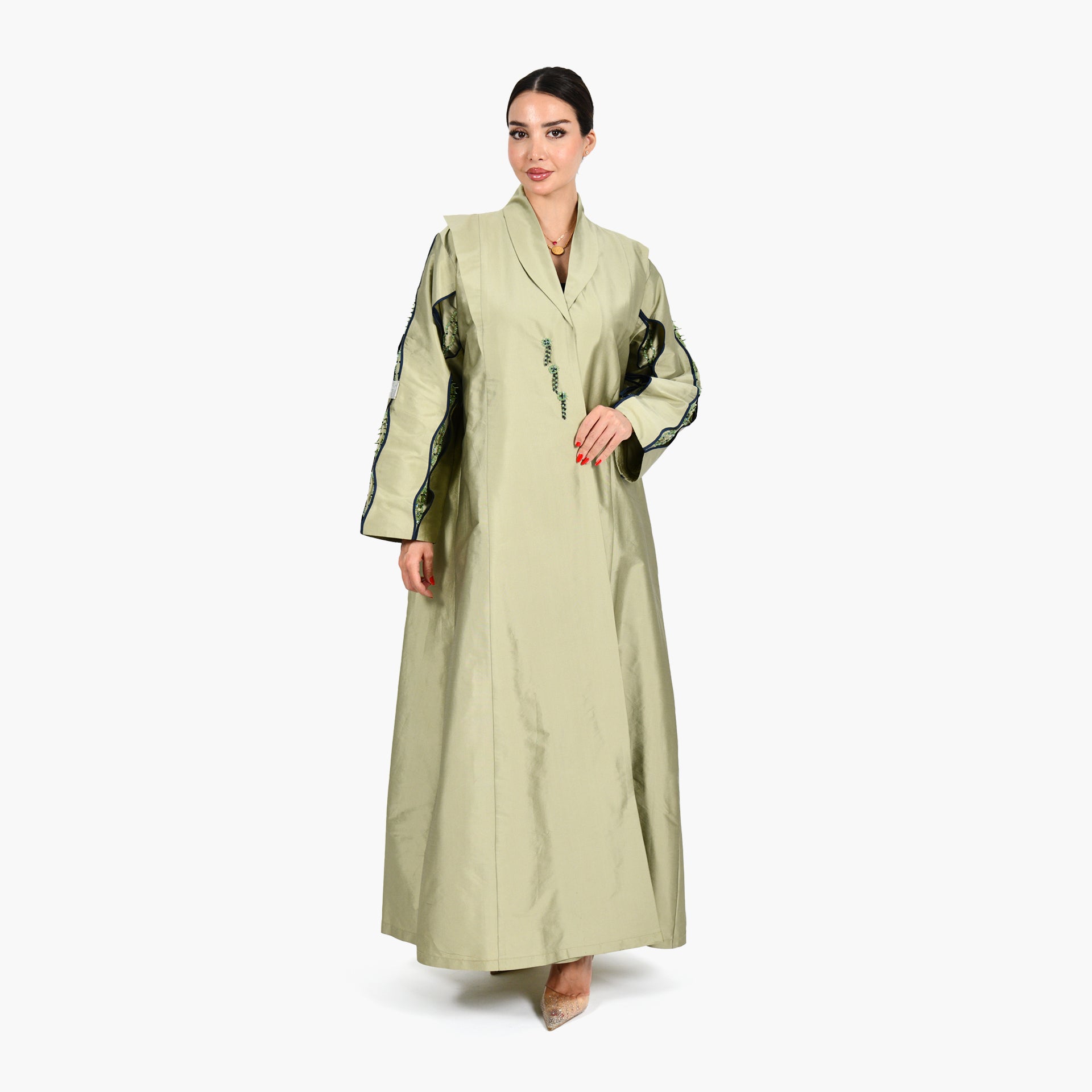 Green Abaya with Green/Black Embroidery and Green Tarha by Shmokh Abaya - WECRE8