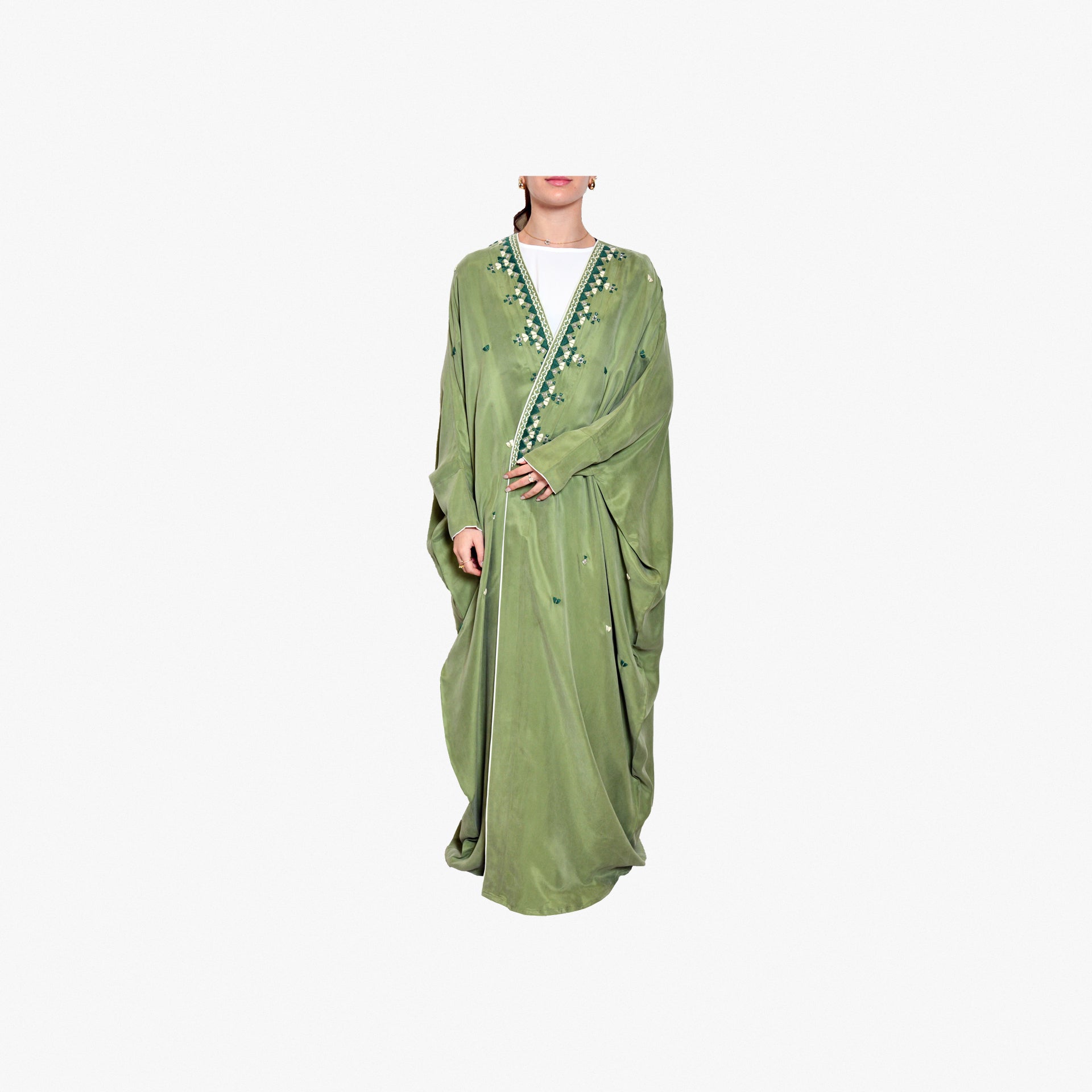 Green Abaya With Handmade Embroidery By Palma - WECRE8