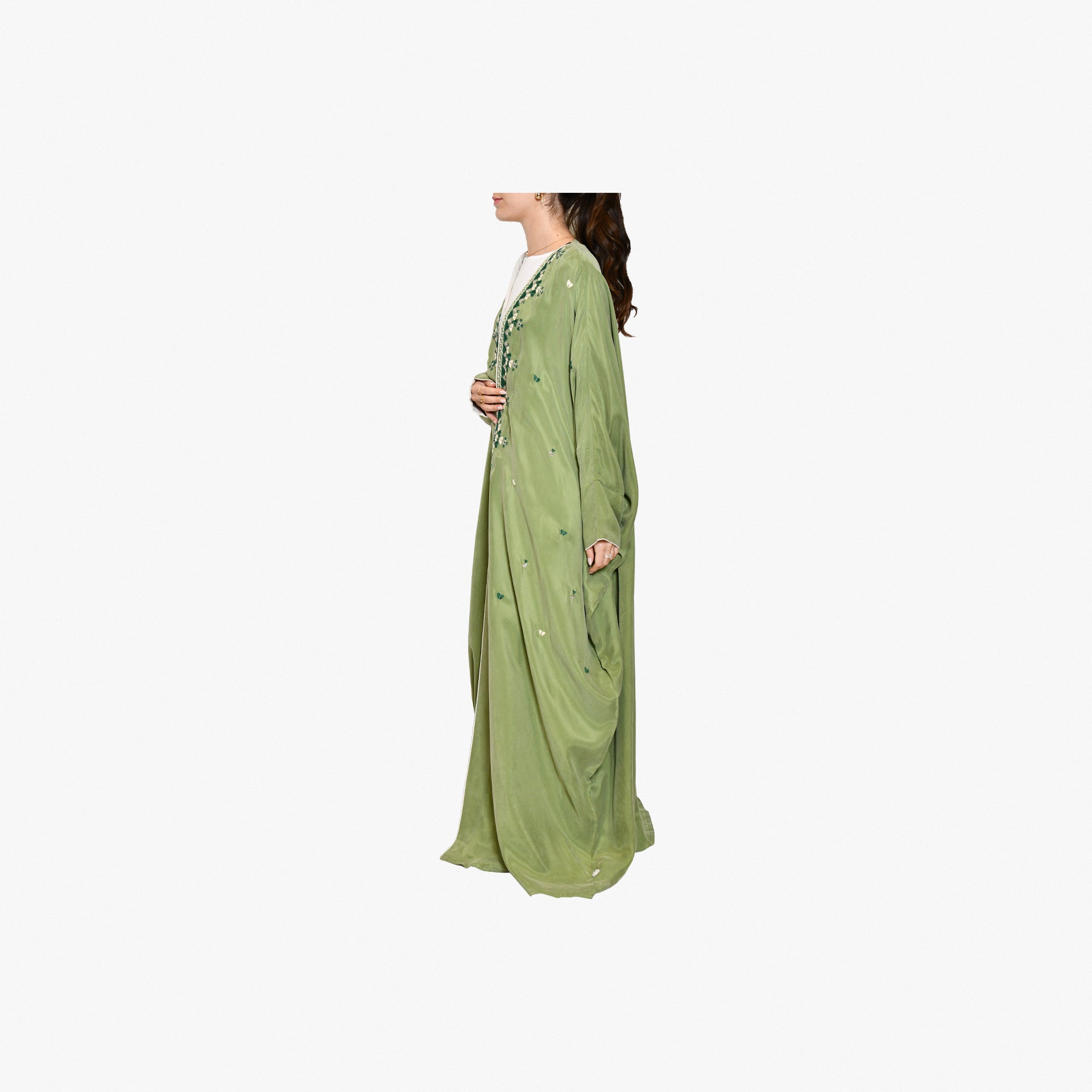 Green Abaya With Handmade Embroidery By Palma - WECRE8