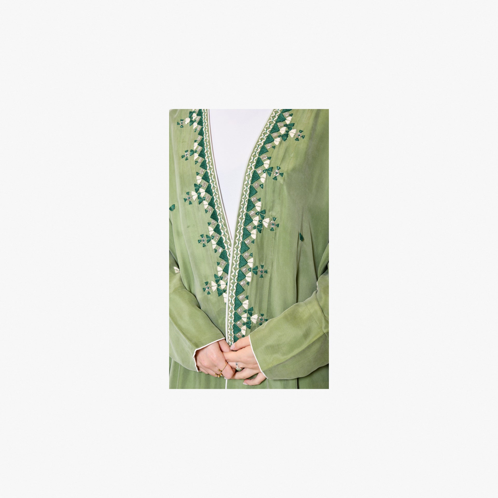 Green Abaya With Handmade Embroidery By Palma - WECRE8