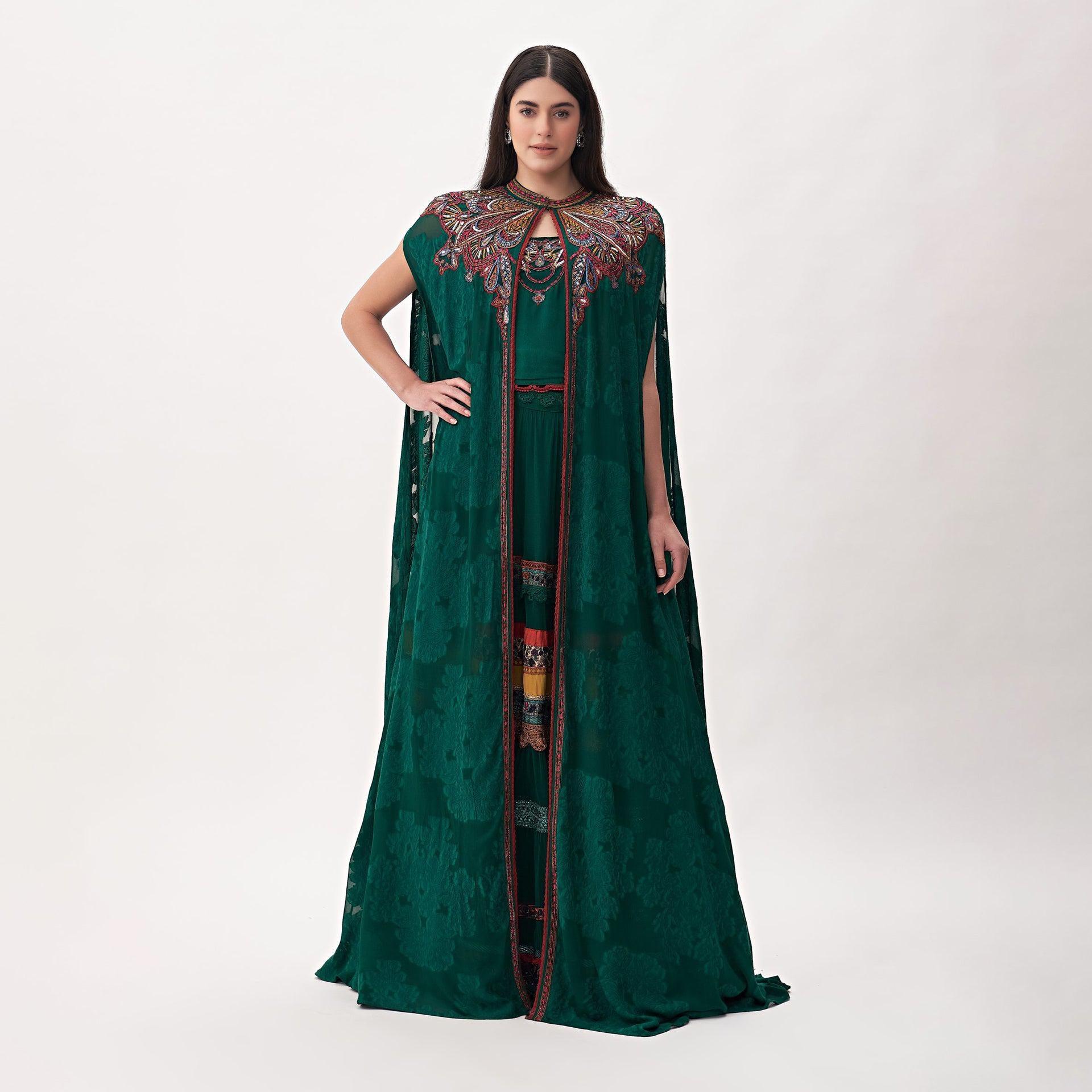 Green Embroidery Sleeveless Rustella Dress With Cape From Shalky - WECRE8