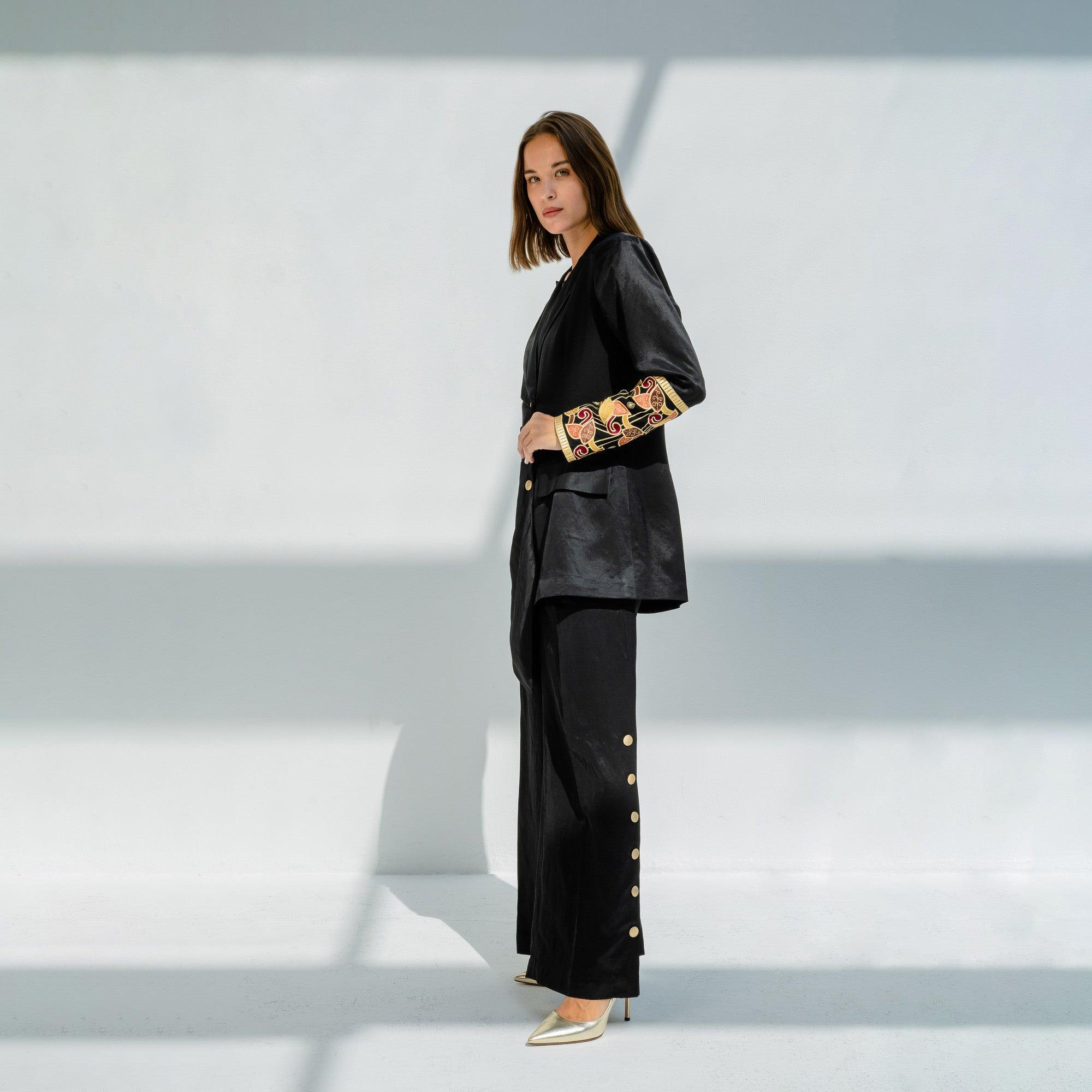 Hojiblanca Black Linen Asymmetric Blazer with Sleeve Embroidery & Wide Leg Trouser by Lara Ali - WECRE8