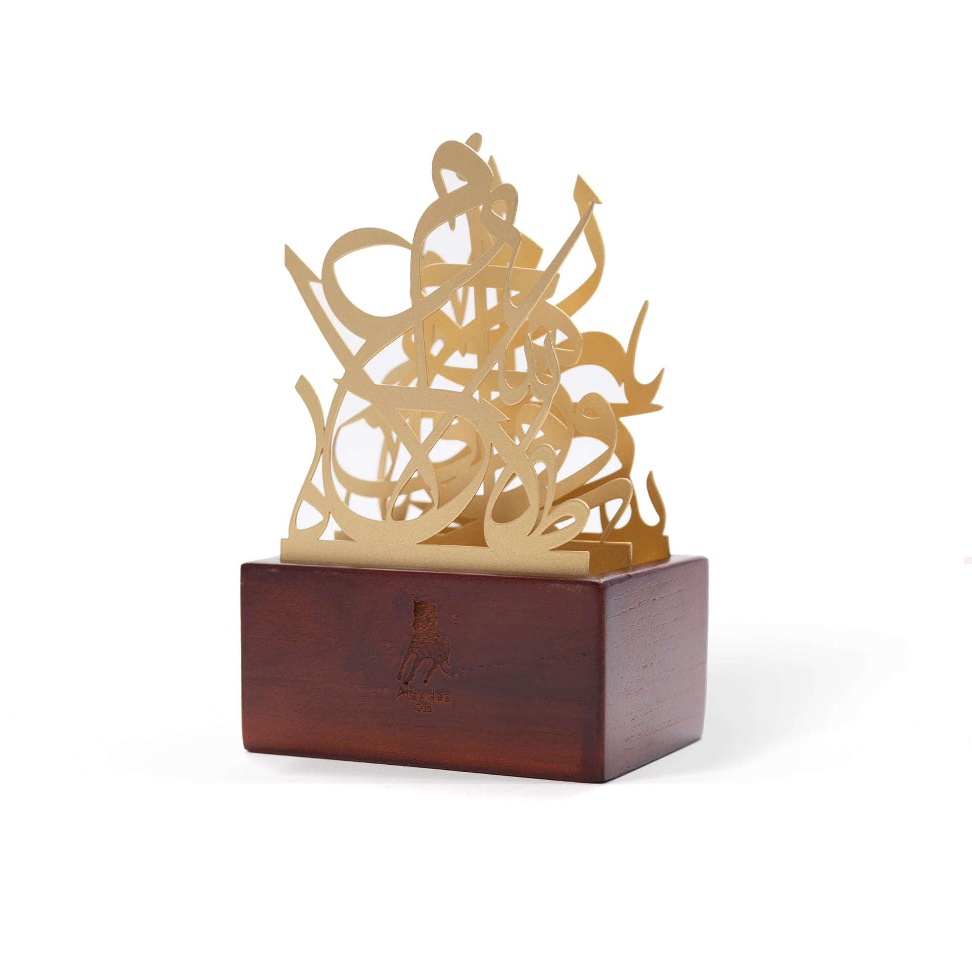 Incense Burner On A Wooden Base With A Gold Cover Of letters By Alqwdaa Oud - WECRE8