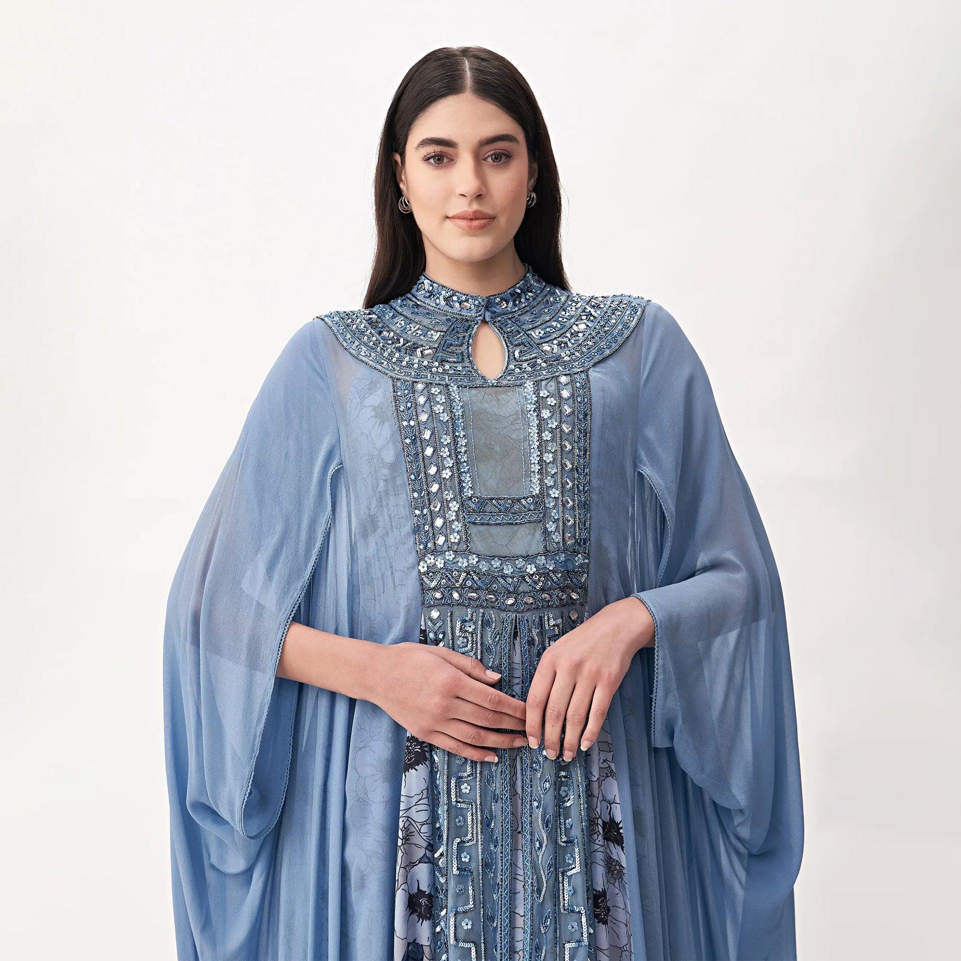 Light Blue Adele Dress with Silver Embroidery and Cape From Shalky - WECRE8