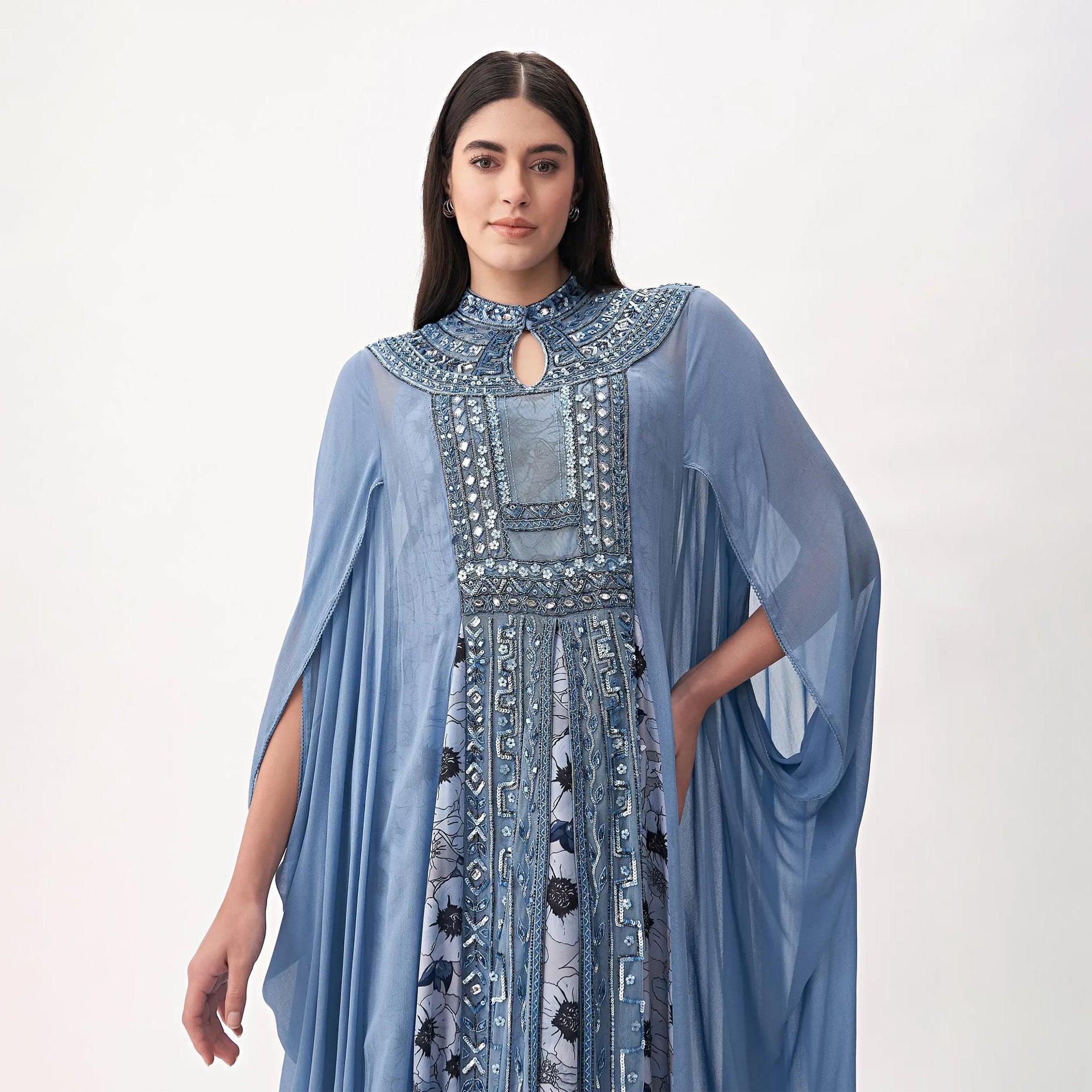 Light Blue Adele Dress with Silver Embroidery and Cape From Shalky - WECRE8