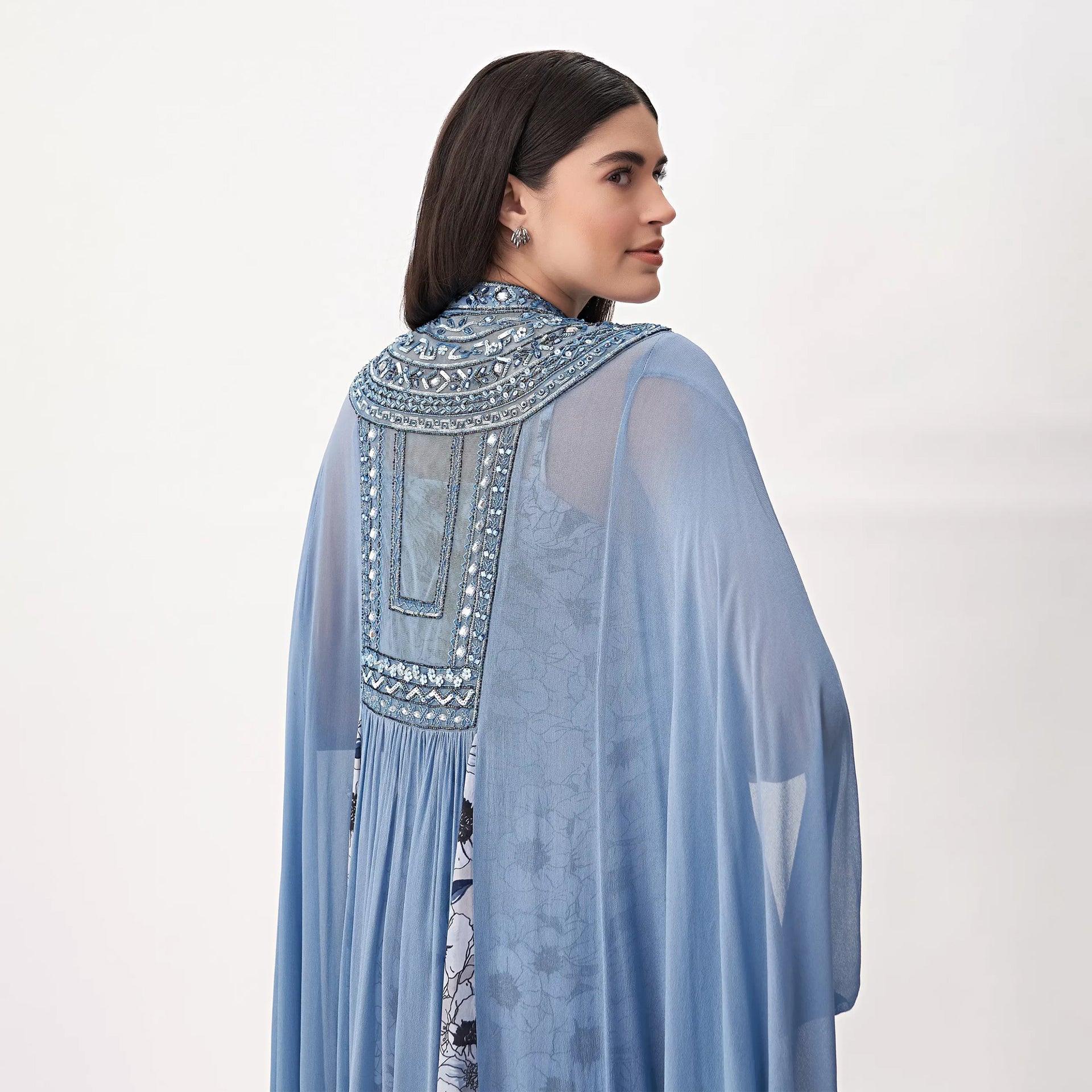 Light Blue Adele Dress with Silver Embroidery and Cape From Shalky - WECRE8