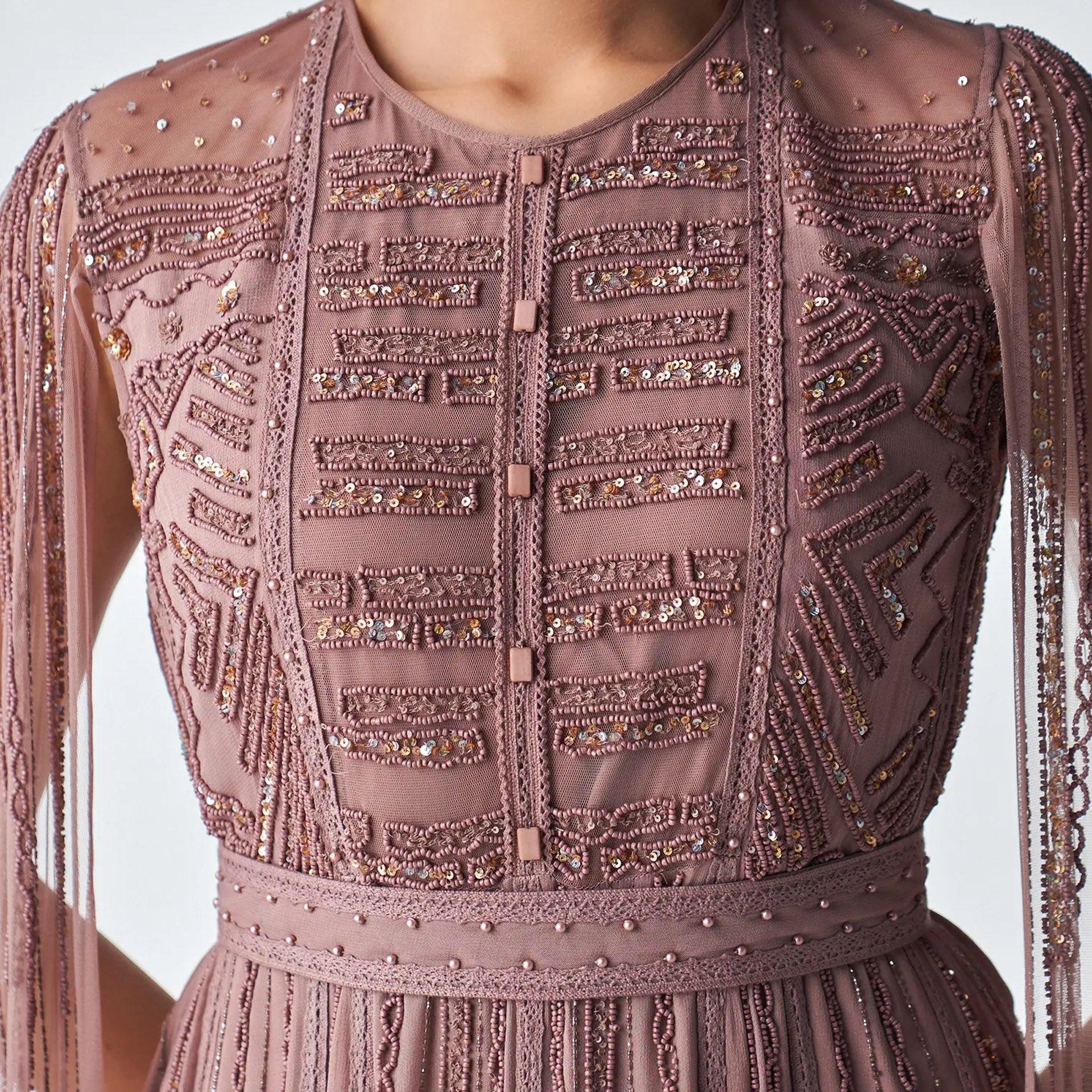 Light Brown Embroidery Dress with Long Sleeves From Shalky - WECRE8