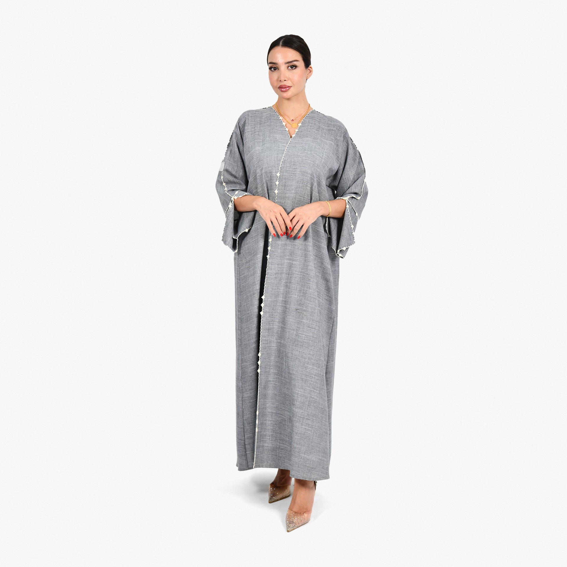 Light Gray Abaya with Hand Embroidery and Gray Tarha by Shmokh Abaya - WECRE8