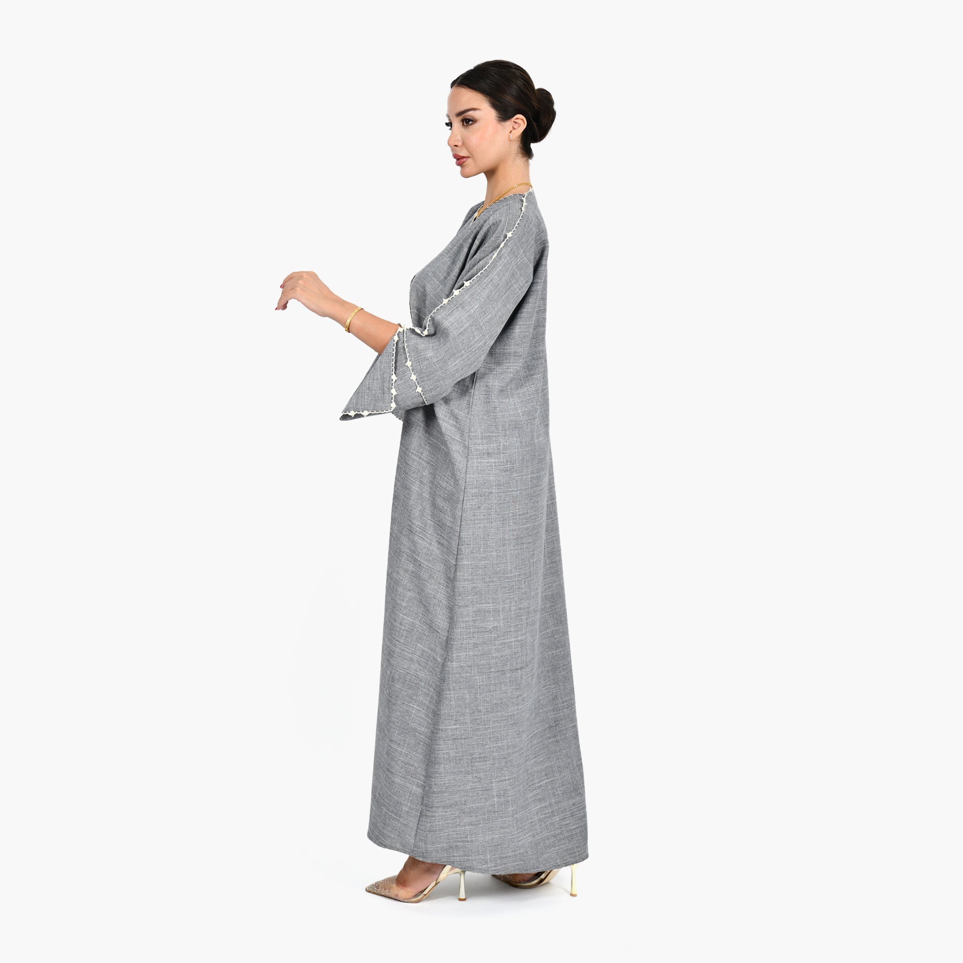 Light Gray Abaya with Hand Embroidery and Gray Tarha by Shmokh Abaya - WECRE8