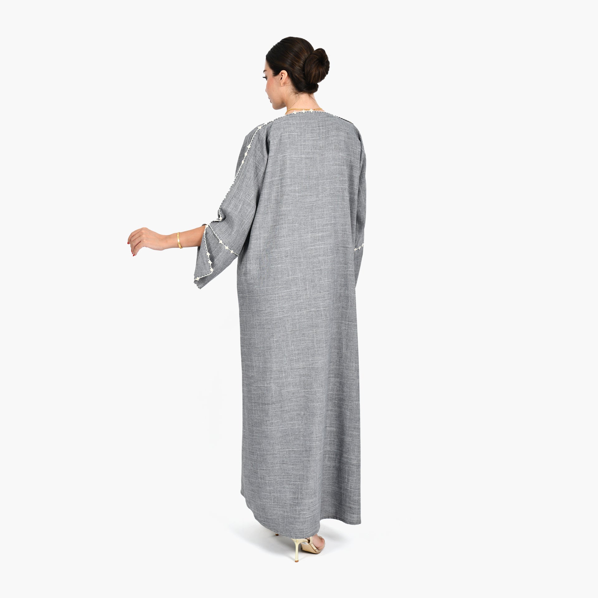 Light Gray Abaya with Hand Embroidery and Gray Tarha by Shmokh Abaya - WECRE8