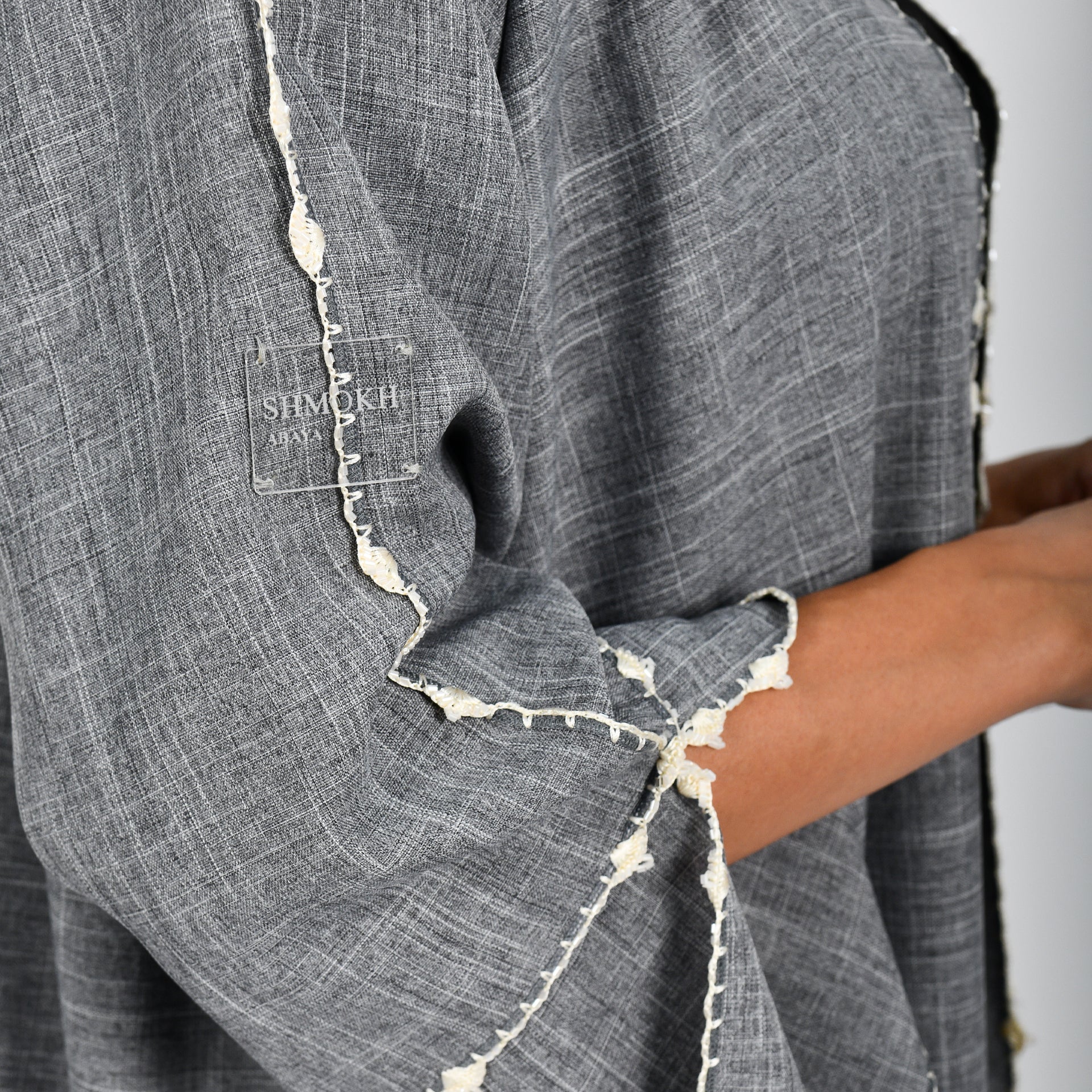 Light Gray Abaya with Hand Embroidery and Gray Tarha by Shmokh Abaya - WECRE8