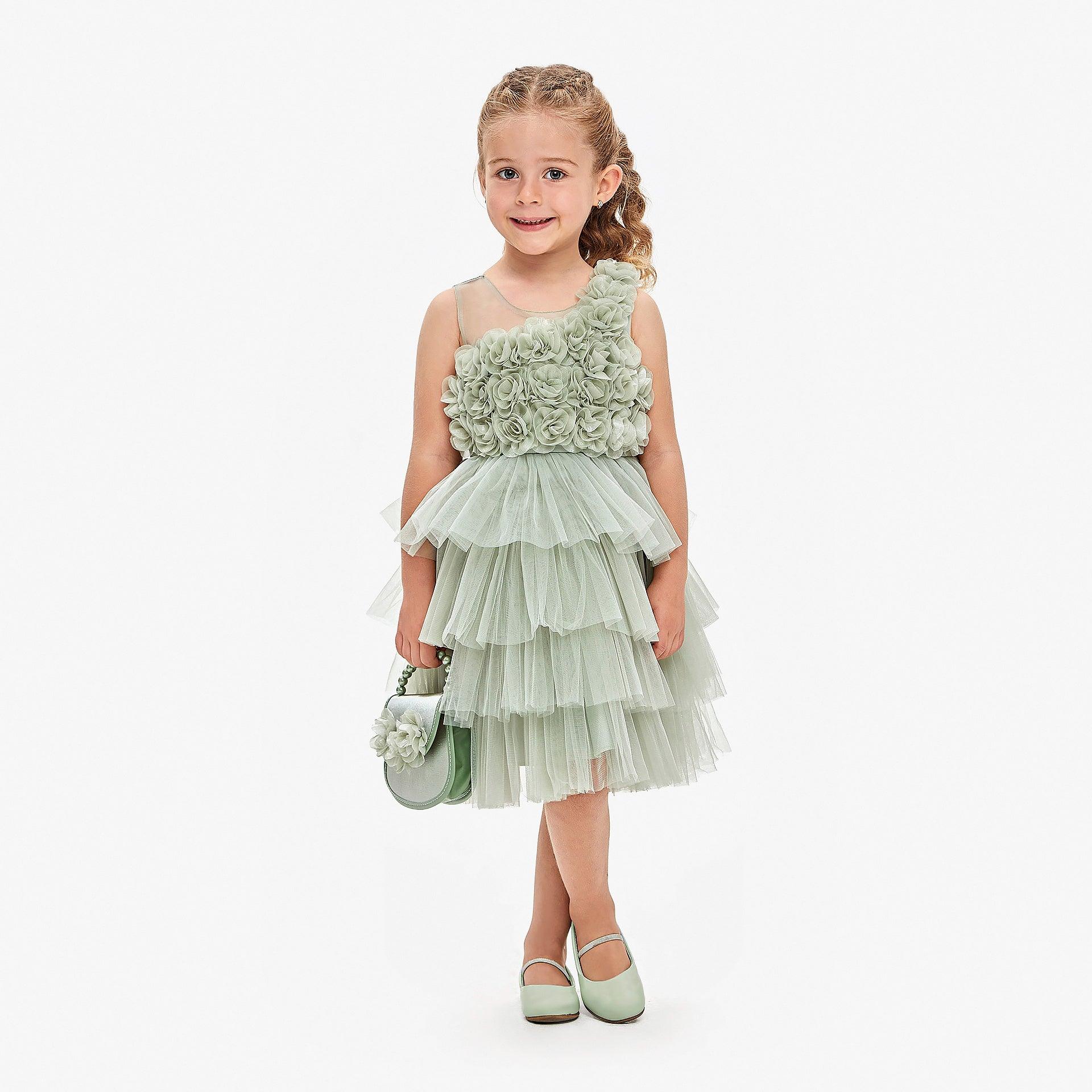 Light Green Roses Kids Dress By Wecre8 - WECRE8