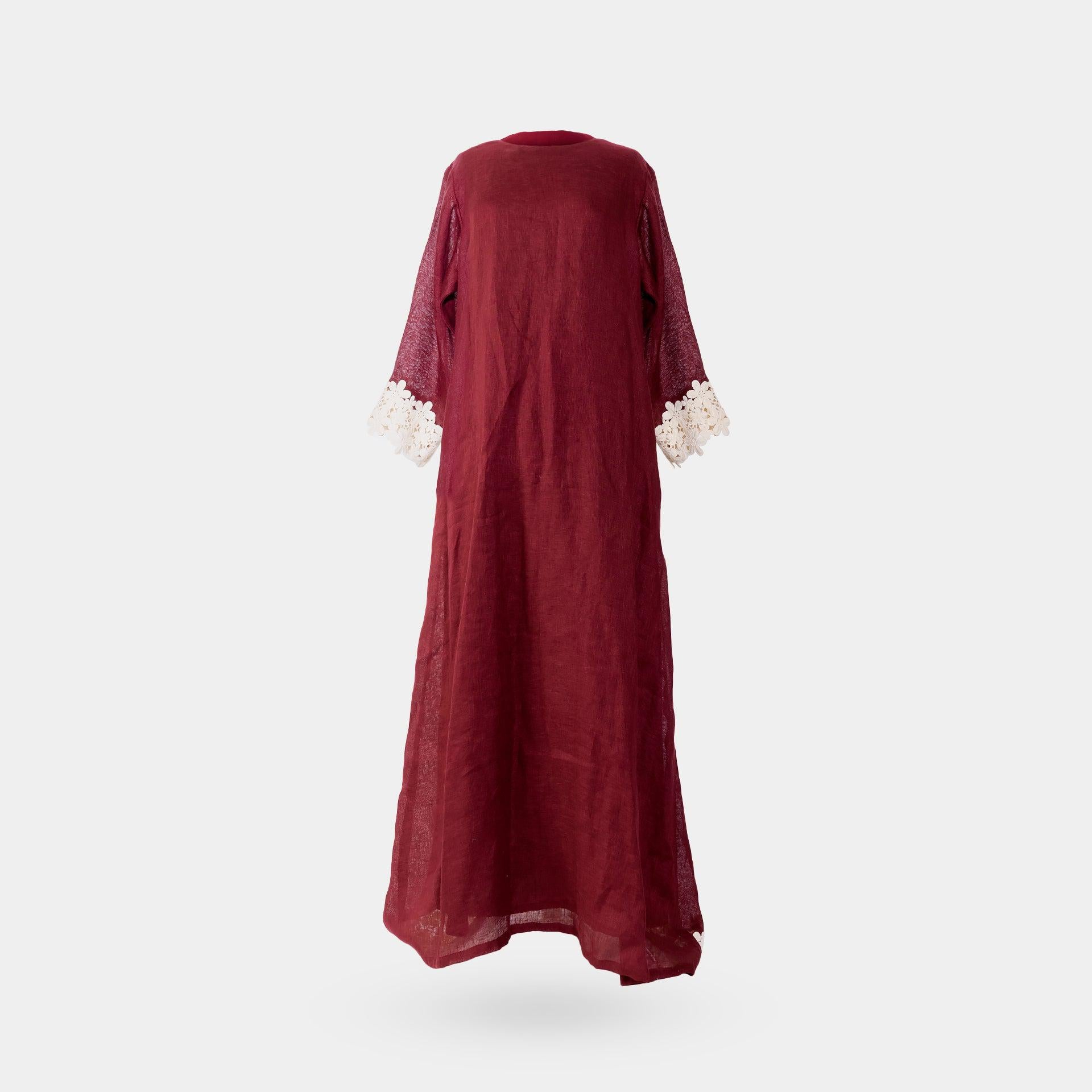 Maroon Long Dress with Beige Joubert on the Ends of the Sleeves From Darzah - WECRE8