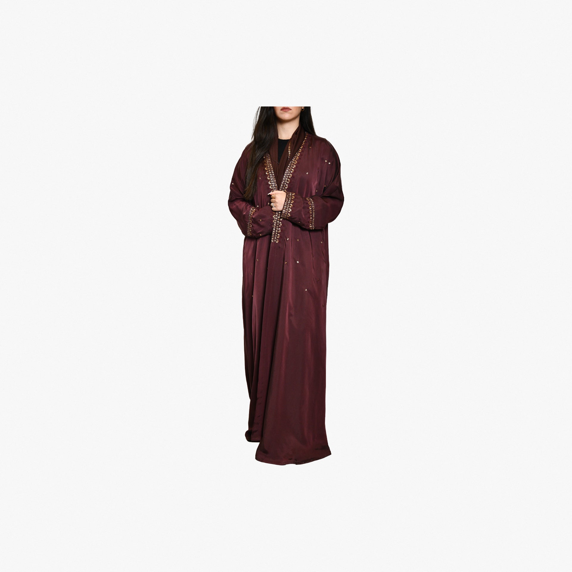 Maroon Washed Silk Abaya With Handmade Embroidery By Palma - WECRE8