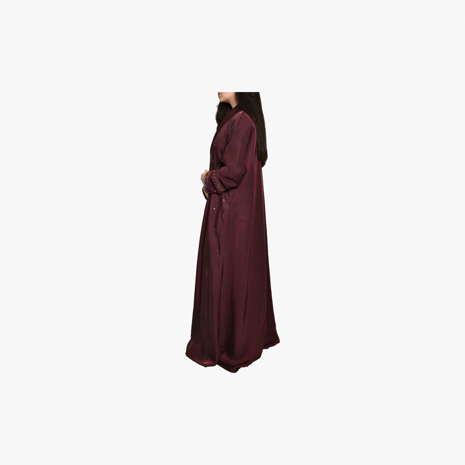 Maroon Washed Silk Abaya With Handmade Embroidery By Palma - WECRE8