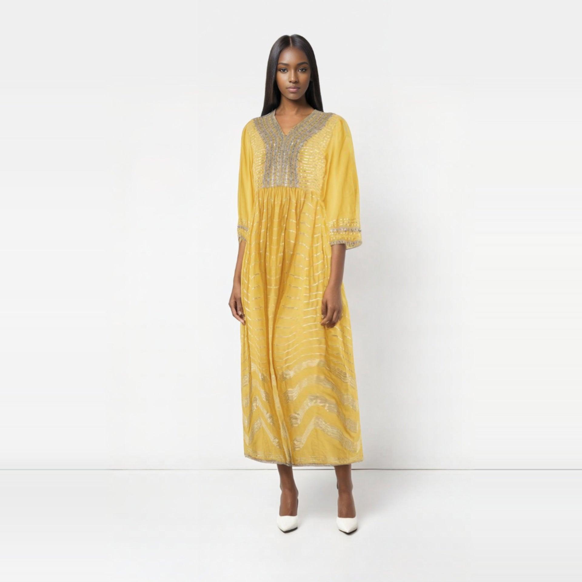 Mustard Jalabiya With Silver Embroidery From Darzah - WECRE8