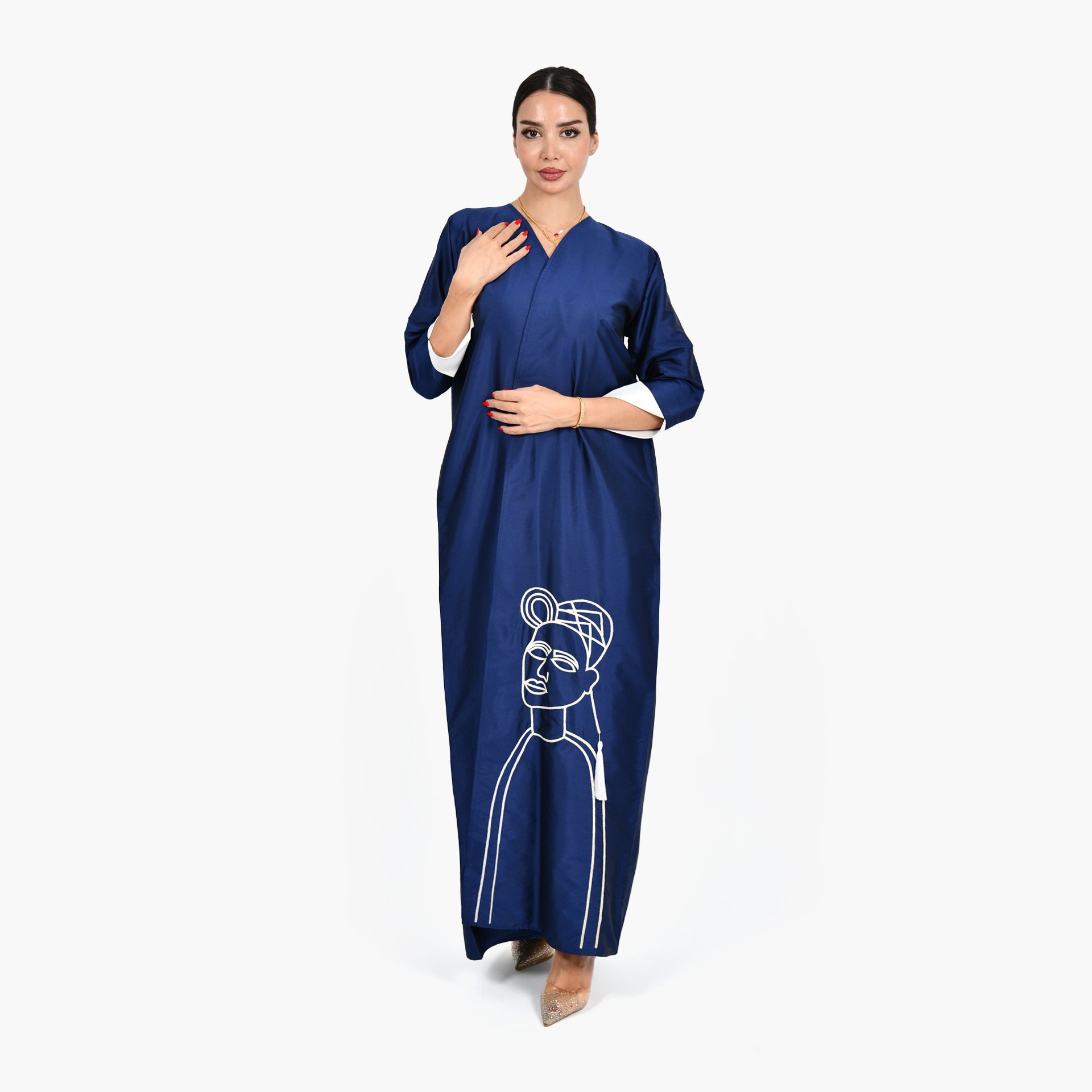 Navy Blue Abaya with White Face Embroidery and White Tarha by Shmokh Abaya - WECRE8