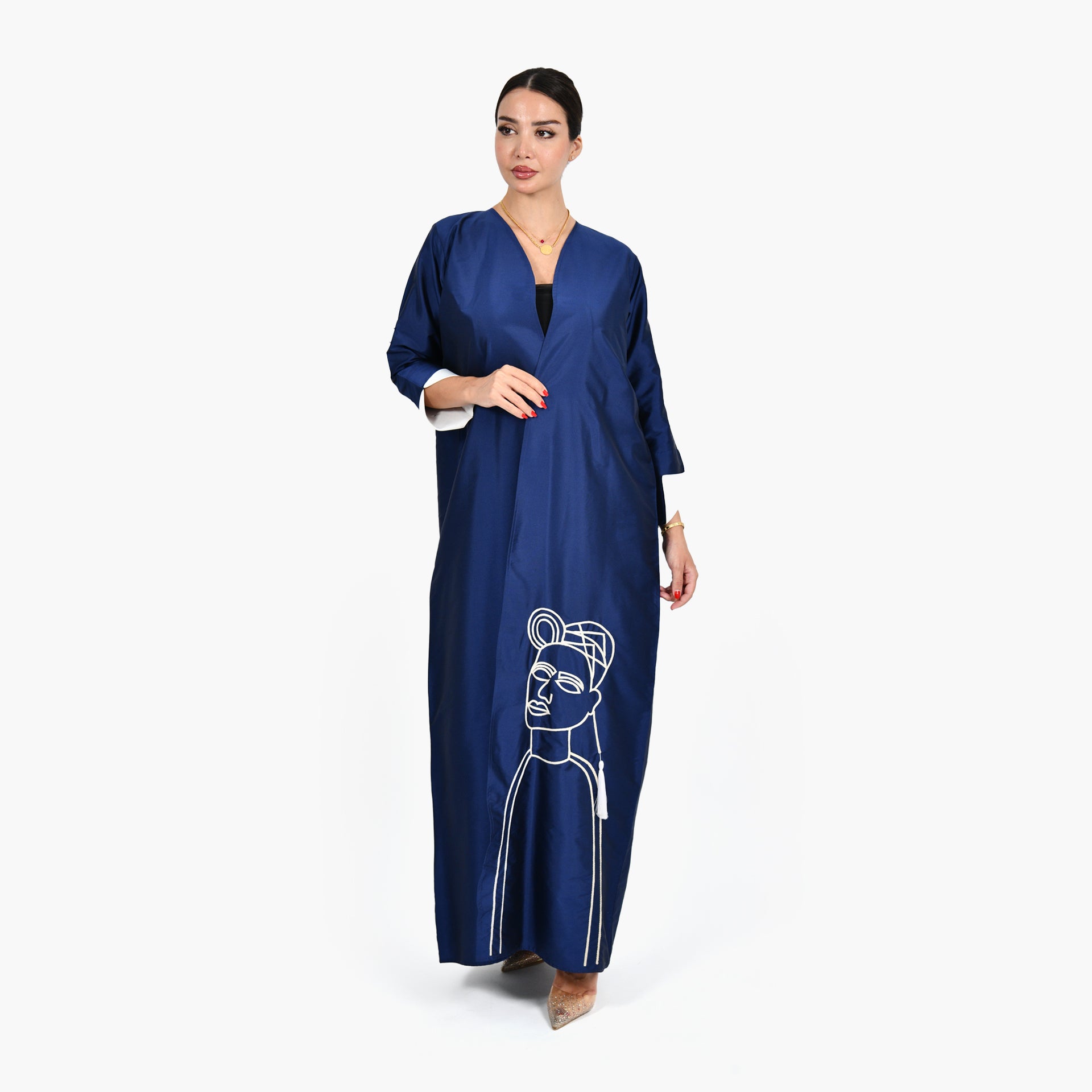 Navy Blue Abaya with White Face Embroidery and White Tarha by Shmokh Abaya - WECRE8